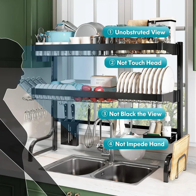 Aster Form 2-Tier Dish Rack | Space-Saving Kitchen Organizer with Stainless Steel Design, Utensil Holder, and Drip Tray