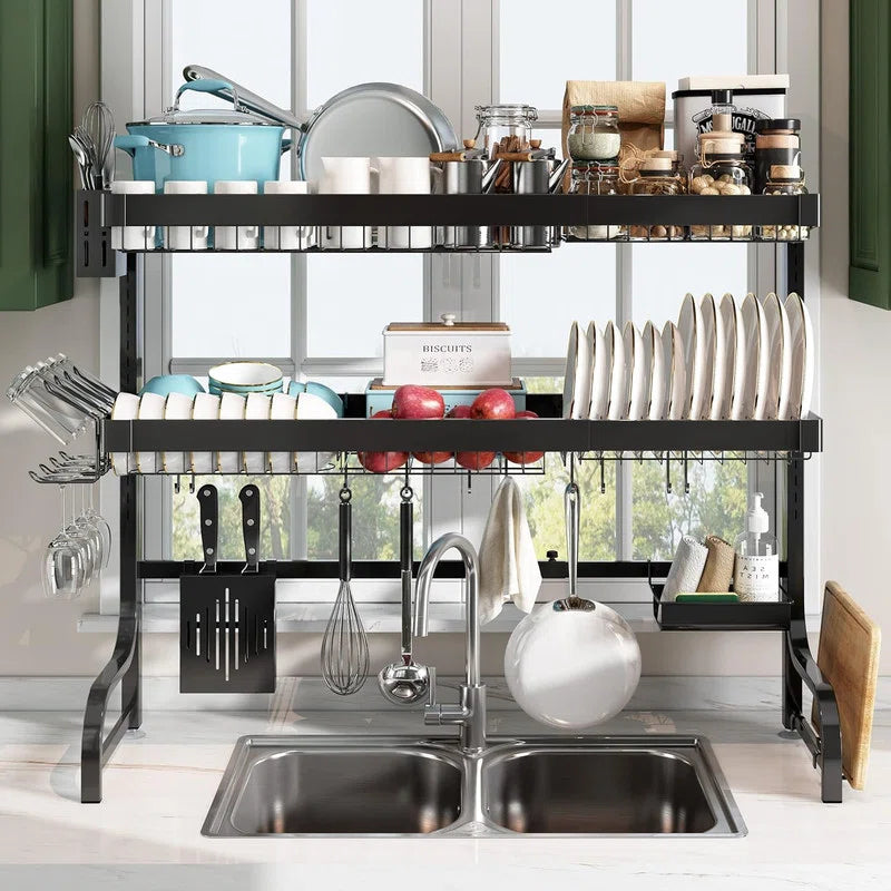 Aster Form 2-Tier Dish Rack | Space-Saving Kitchen Organizer with Stainless Steel Design, Utensil Holder, and Drip Tray