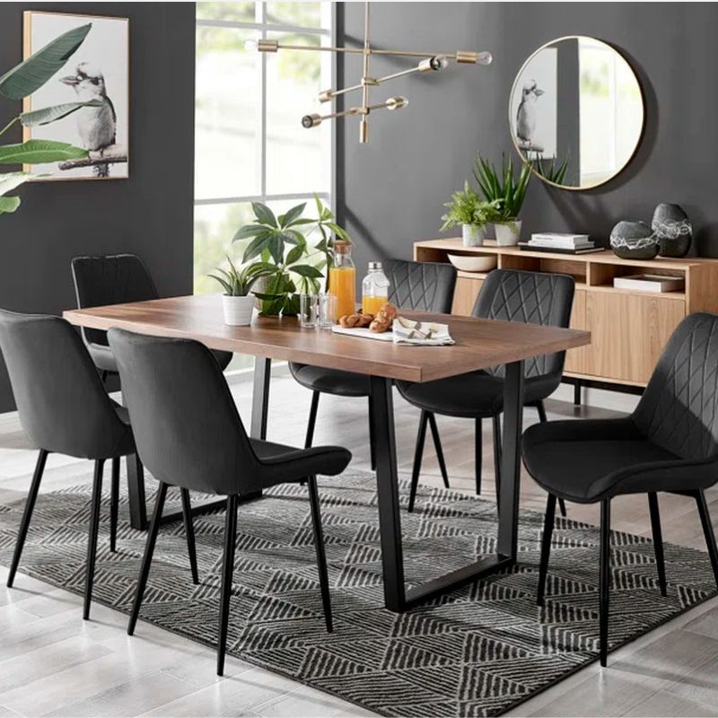 Wood Effect Top Rectangular Dining Table with U-Shape Black Metal Legs 6 - Person Dining Set