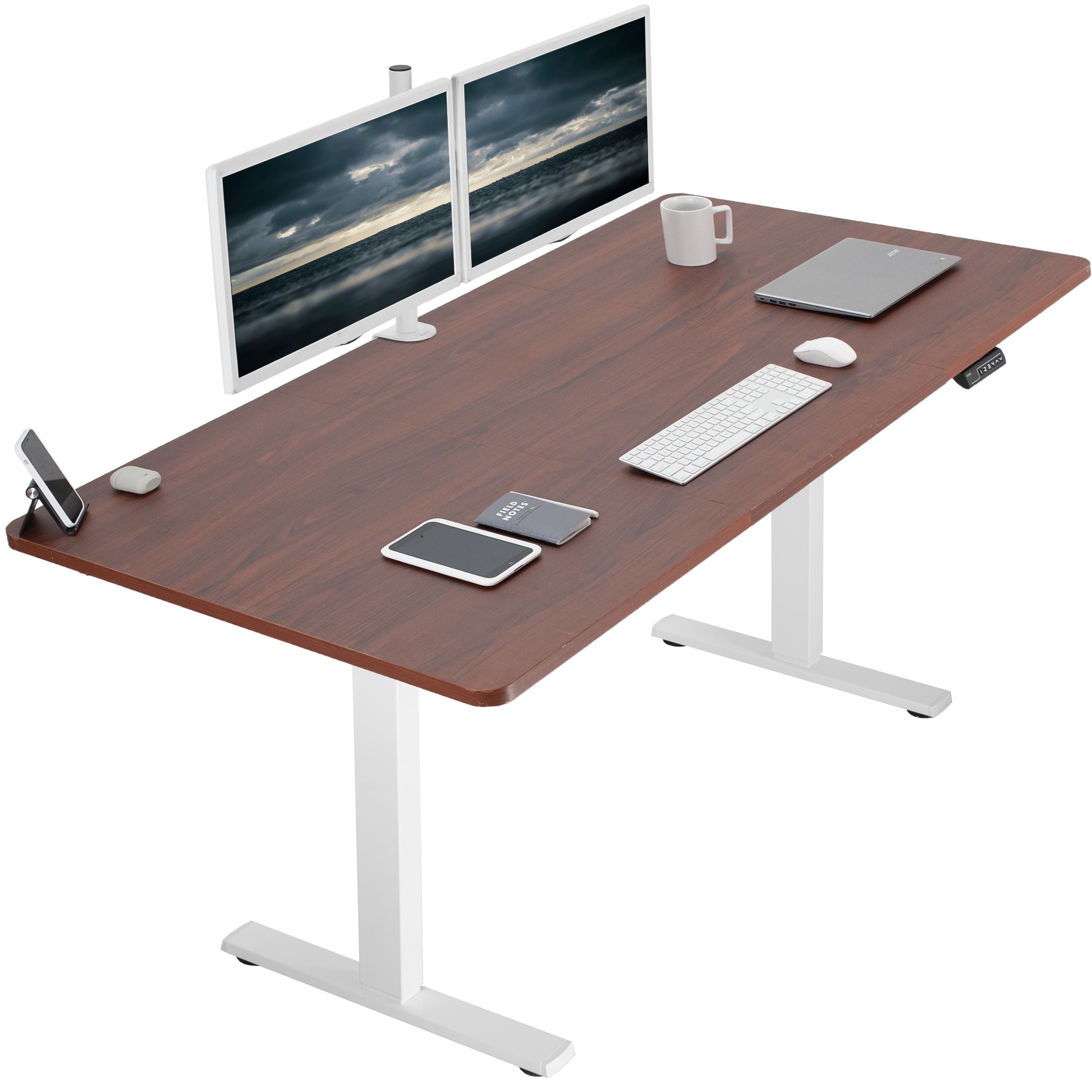 Electric 71” X 36” Stand up Desk, Dark Walnut Table Top, White Frame