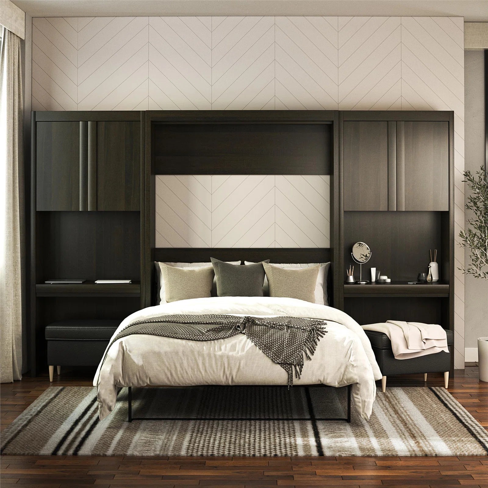 Wade Logan Wexford Murphy Storage Bed | Multifunctional Bed with 2 Vanity Desks, Cabinets & Drawers | Space-Saving Design for Modern Living