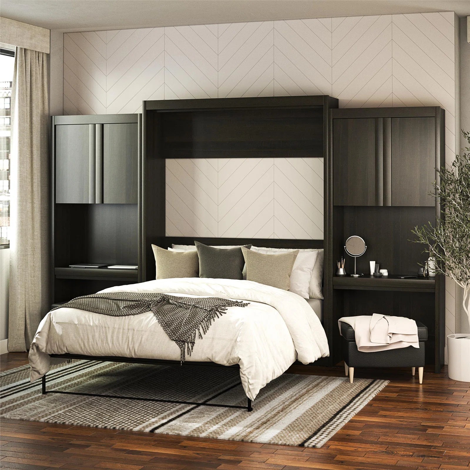 Wade Logan Wexford Murphy Storage Bed | Multifunctional Bed with 2 Vanity Desks, Cabinets & Drawers | Space-Saving Design for Modern Living