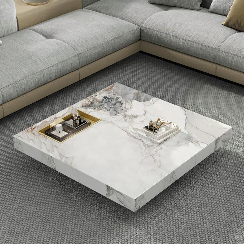 Oversized Modern Marble Coffee Table, 47.2'' Square with Fixed Tray & Glossy Base – Luxury Centerpiece for Living Room