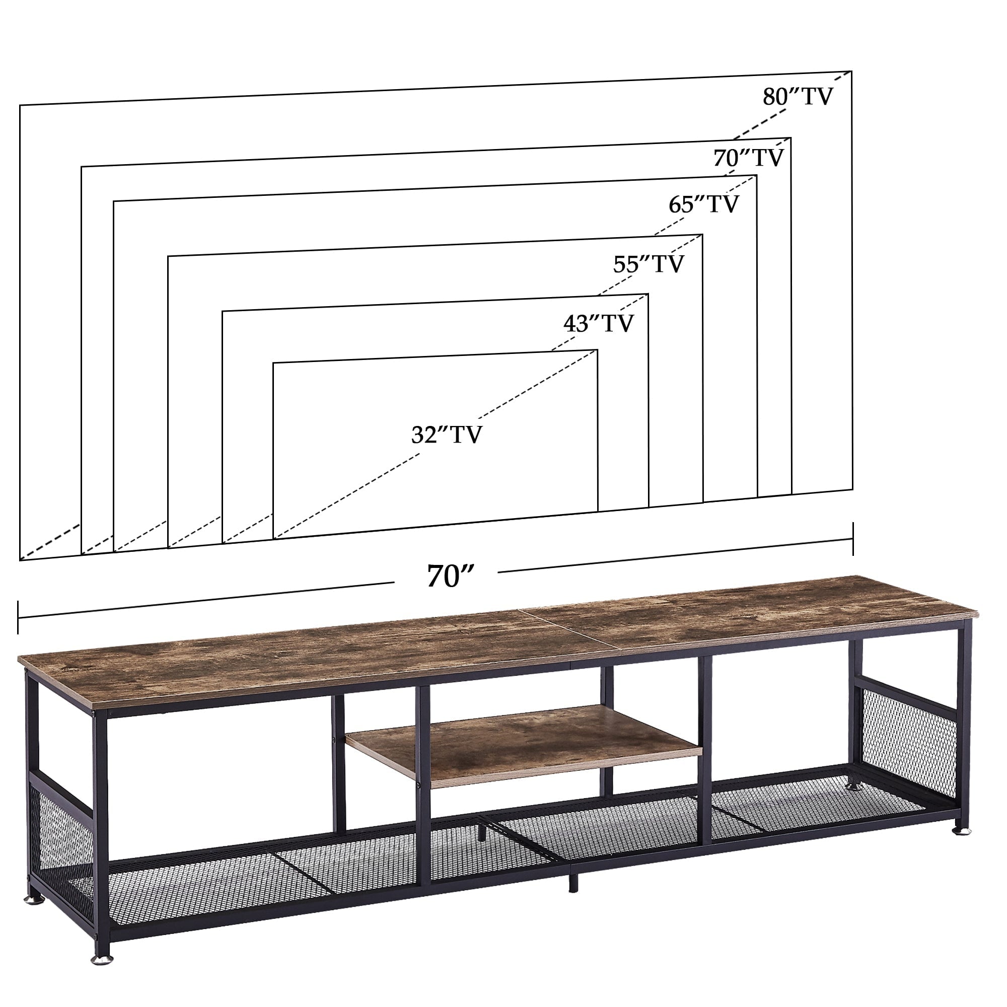 TV Stand up to 80 Inches, Industrial 70.86" Entertainment Center with Storage and Mesh Shelf for Living Room/Bedroom, Brown