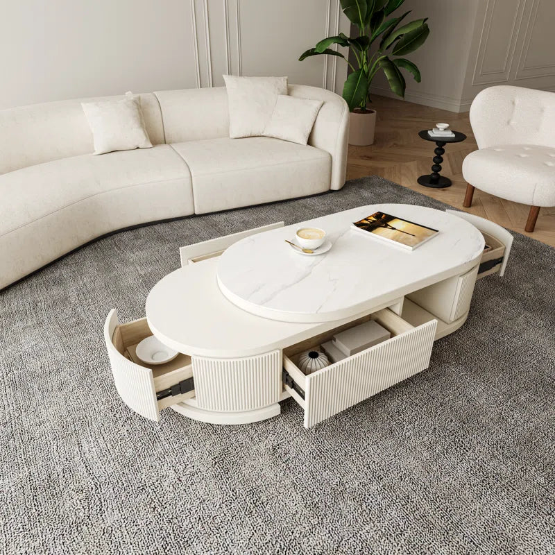 Bilawal Cream Style Oval Extendable Coffee Table Solid Wood with 4 Drawers, No-Assembly Required