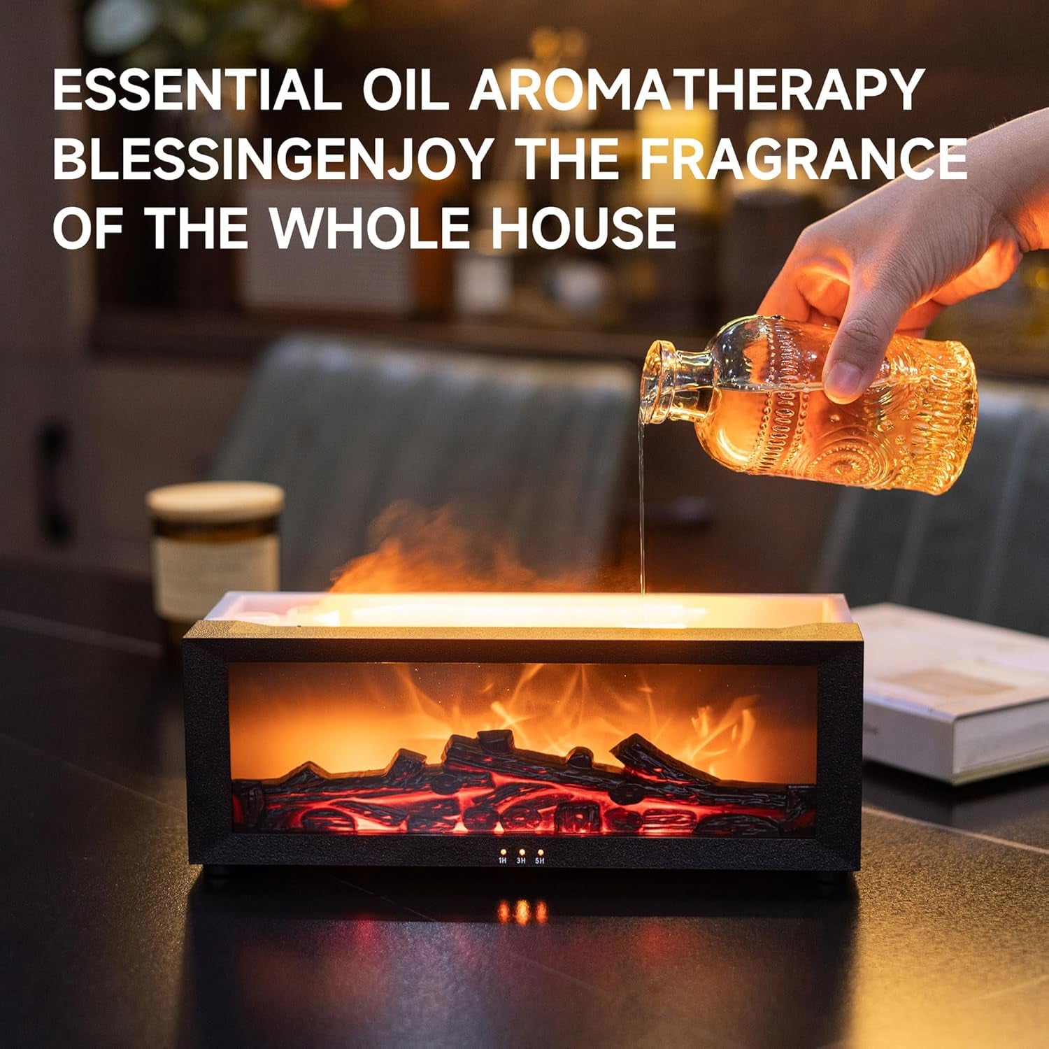 Fireplace Flame Air Diffuser Humidifier,7 Colors Aromatherapy Essential Oil Diffuser,Ultrasonic Aroma Humidifier with Timer for Home,Bedroom,Office,Yoga (Blackb, L)