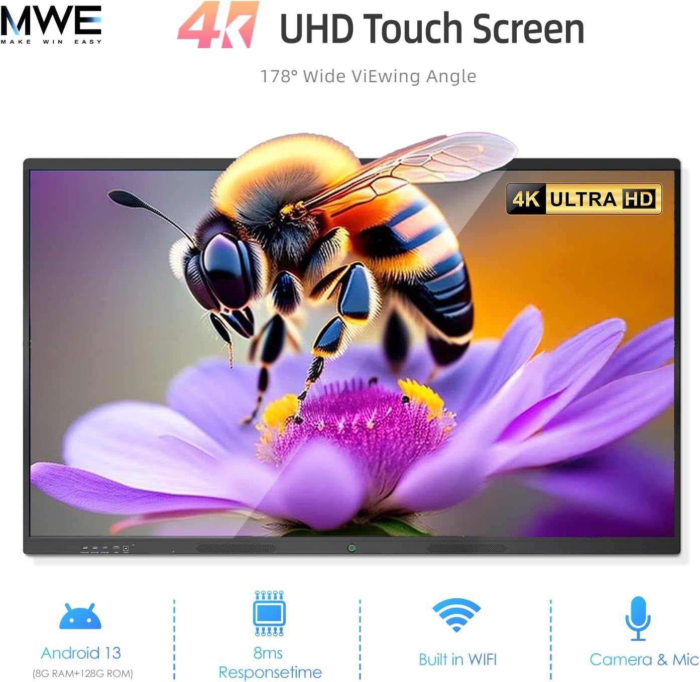 65" Smart Whiteboard for Classroom Office, All-In-One 4K Digital Board, 20 Point Touchscreen, Screen Mirroring, Bluetooth/Wifi/Hdmi, Camera & Mic, Android 13, 8+128G (Wall Mount Included)