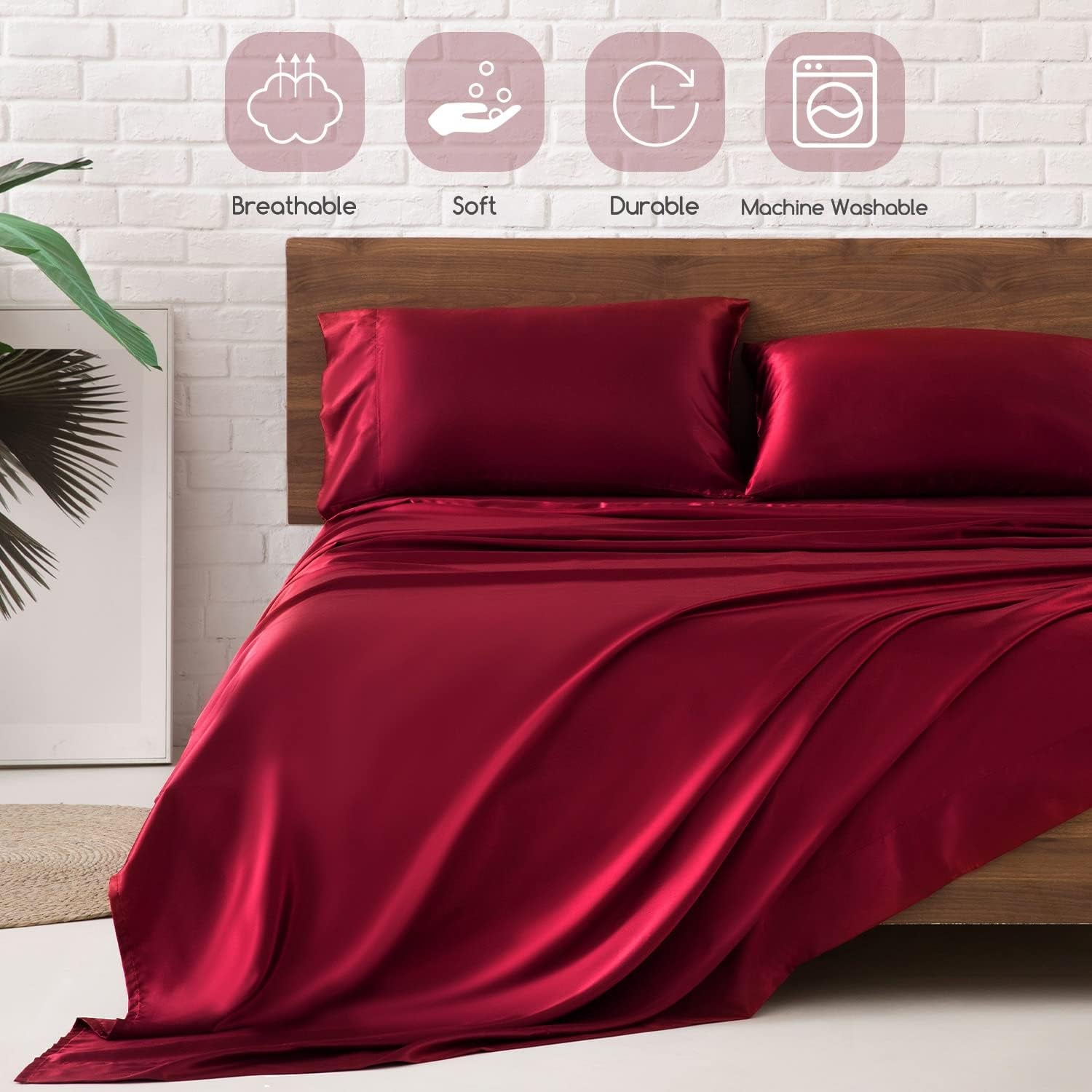 Satin Bed Sheets, Queen Size Sheets Set, 4 Pcs Silky Bedding Set with 15 Inches Deep Pocket for Mattress (Queen, Burgundy)