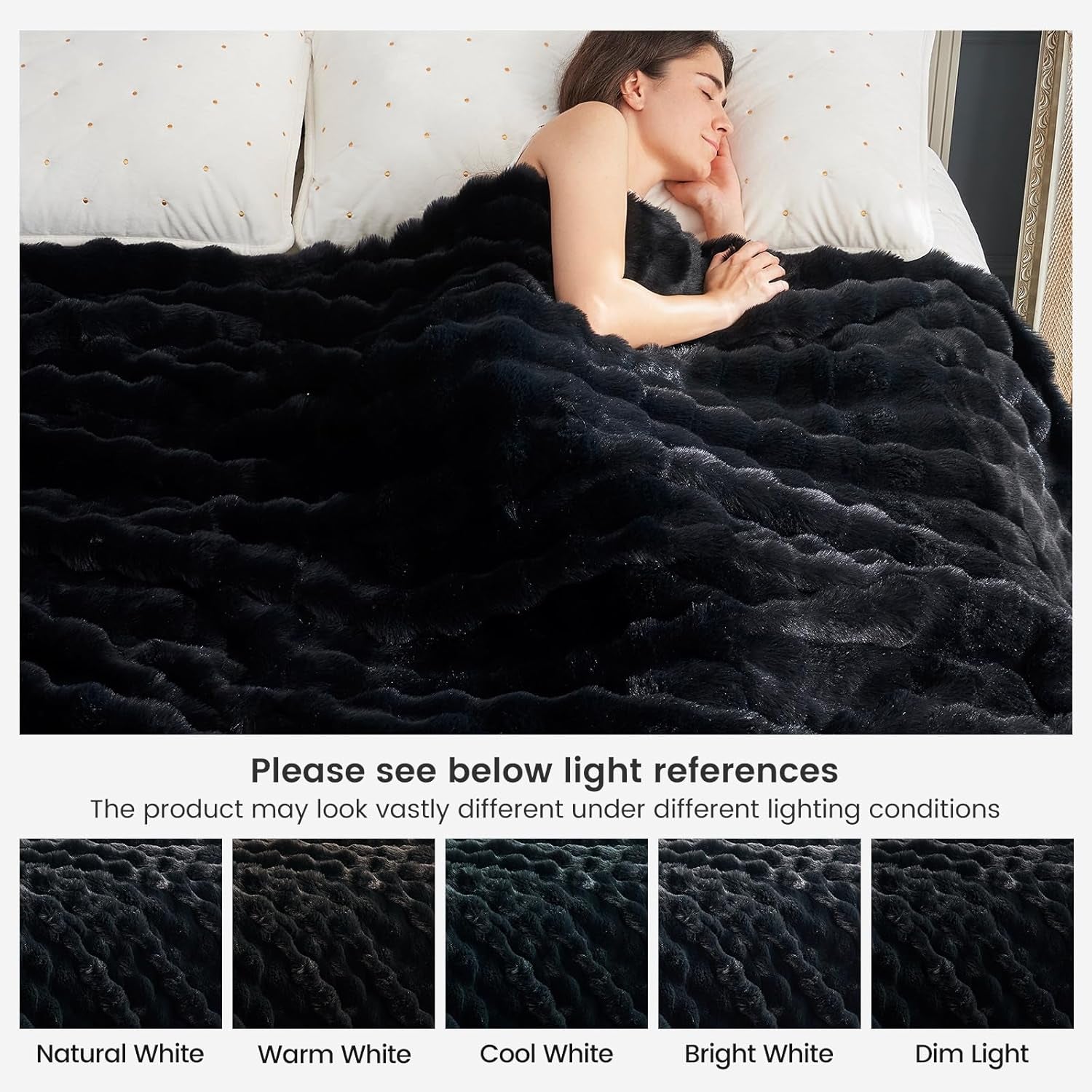 Faux Fur Throw Blanket for Couch, Fuzzy Soft Plush Thick Bubble Blanket for Sofa Bedroom Living Room, 50 * 60 Inches Black