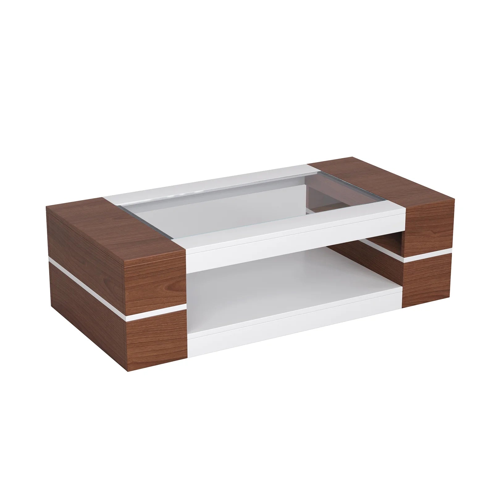 47.2" Modern White Walnut Coffee Table with Glass Top - 2-Tier Storage Design for Living Room, Reception & Dining | Sleek Rectangular Center Table