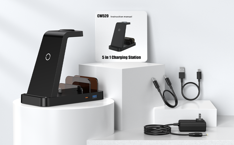 Wireless Charger for Iphone - 5 in 1 Charging Station for Multiple Devices Apple: Fast Wireless Charging Stand Dock for Iphone 16 15 14 13 12 Pro Max Apple Watch Airpods