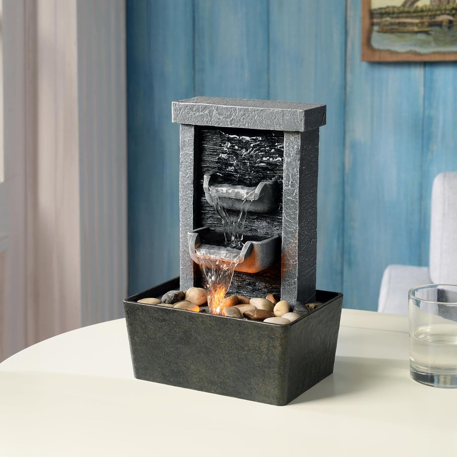 Home Décor 10.3 in Indoor Waterfall Fountain Relaxation High Pressure Water Pumps Tabletop Fountain Nature Feeling Water Fountains with Reflective Lighting/River Rocks Home/Office Decoration