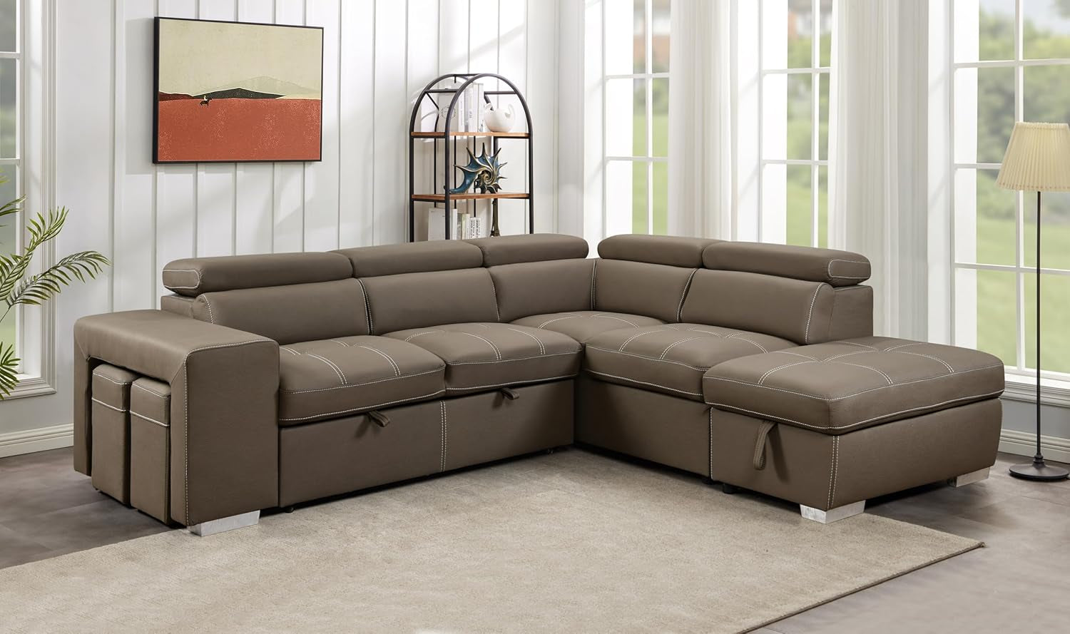 104'' Microfiber Sectional Sleeper Sofa with Pull-Out Bed,Couch with Storage Ottoman & Chaise, 5 Seat L-Shape Sofa with Adjustable Headrest & Two Stools. Light Brown