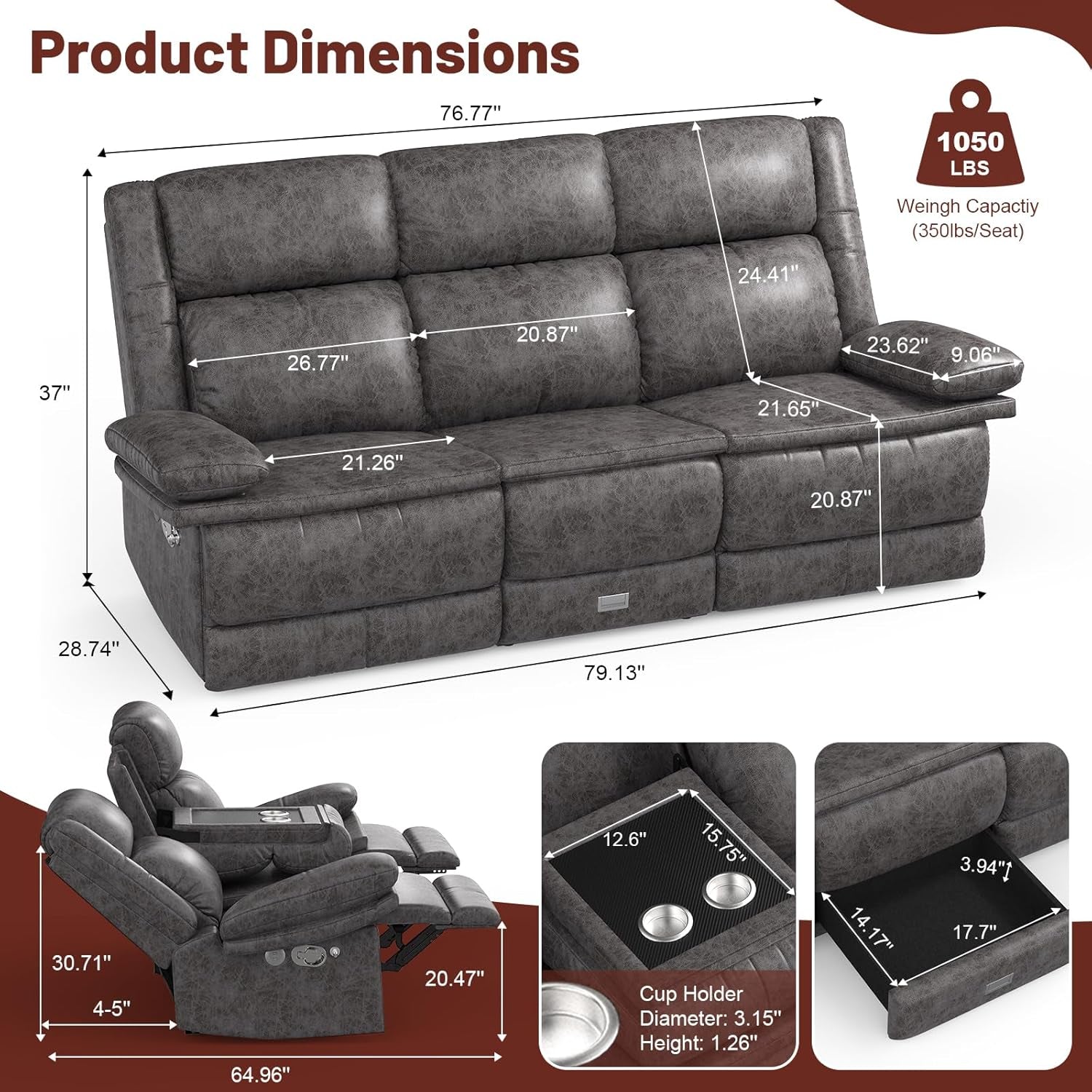 3 Seater Recliner Sofa, FSC Certified Manual Reclining Couch with Flip-Up Middle Backrest & Drawers, Modern Recliner Sofa with USB Ports & Cup Holders for RV, Living Room