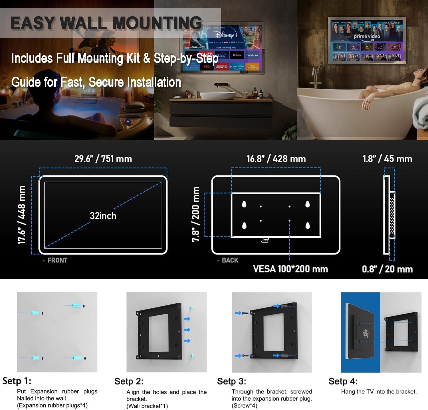 32" 4K Ultra HD Smart Bathroom Mirror TV, IP66 Waterproof, Android 13 System with Voice Remote for Google Assistant ATSC Tuner, 500 Cd/㎡ High Brightness (Black Frame, 2025 Model)