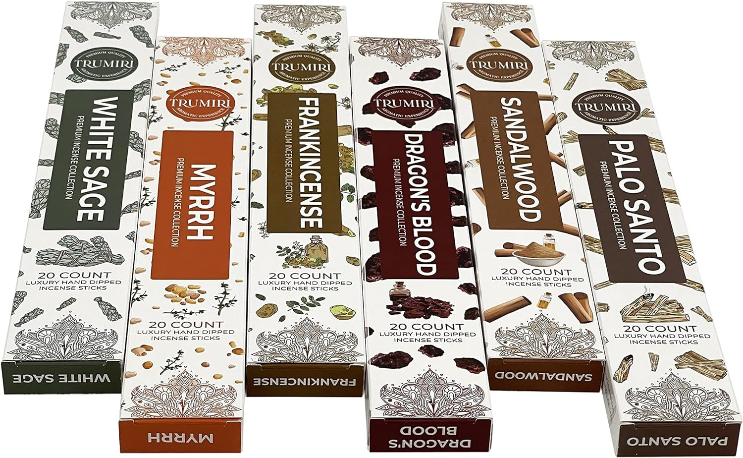 Woody Incense Sticks Variety Pack - 120 Insence-Sticks (6 Incents X 20 Insense) - White Sage Palo Santo Dragons Blood Sandalwood - Natural Inscents-Sticks Non Toxic Cleansing Incienso + Burner Holder
