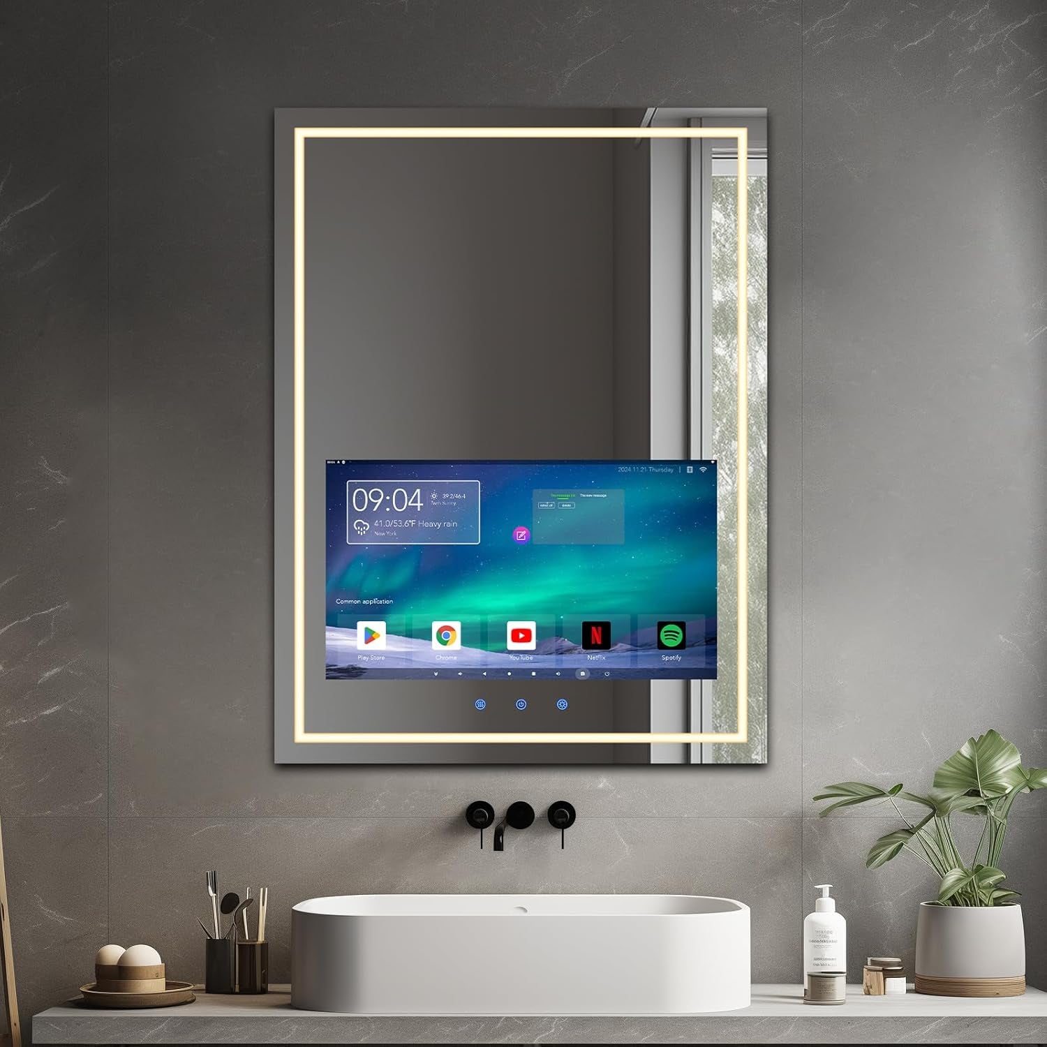24X32 Inch Bathroom Vanity Mirror with 21.5" Touch Screen Smart System, Streaming Apps, Weather Clock, 3 Color Dimmable LED Light, Anti-Fog Wi-Fi Bluetooth HDMI, Vertical Wall Mounted (2025)