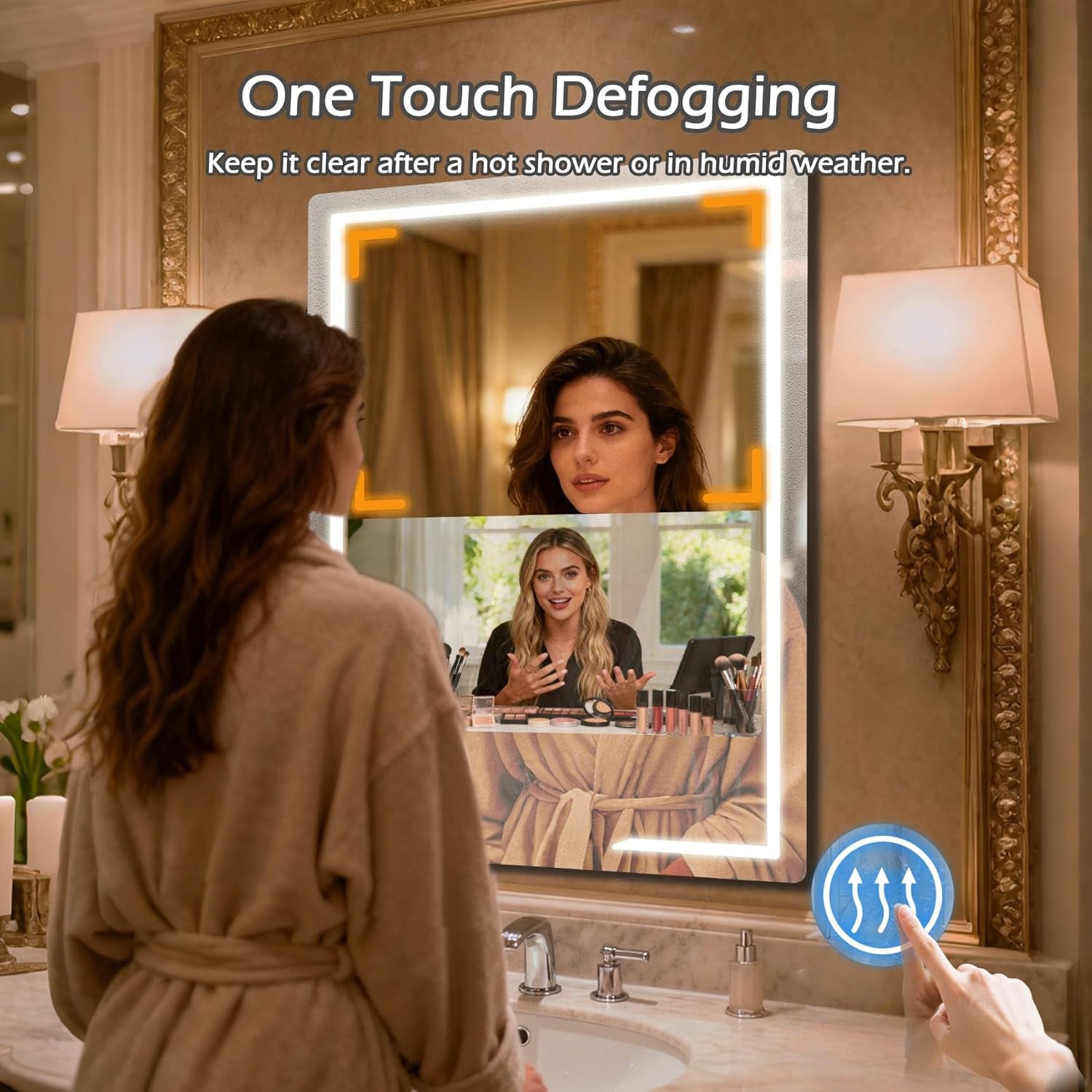 24X32'' Bathroom Vanity Mirror with 21.5'' Touch-Screen Smart TV, Streaming APP, Waterproof Defogging TV Mirror with 3 Color LED Light Wifi Bluetooth HDMI for Bathroom Hotel Hair Salon (2025)