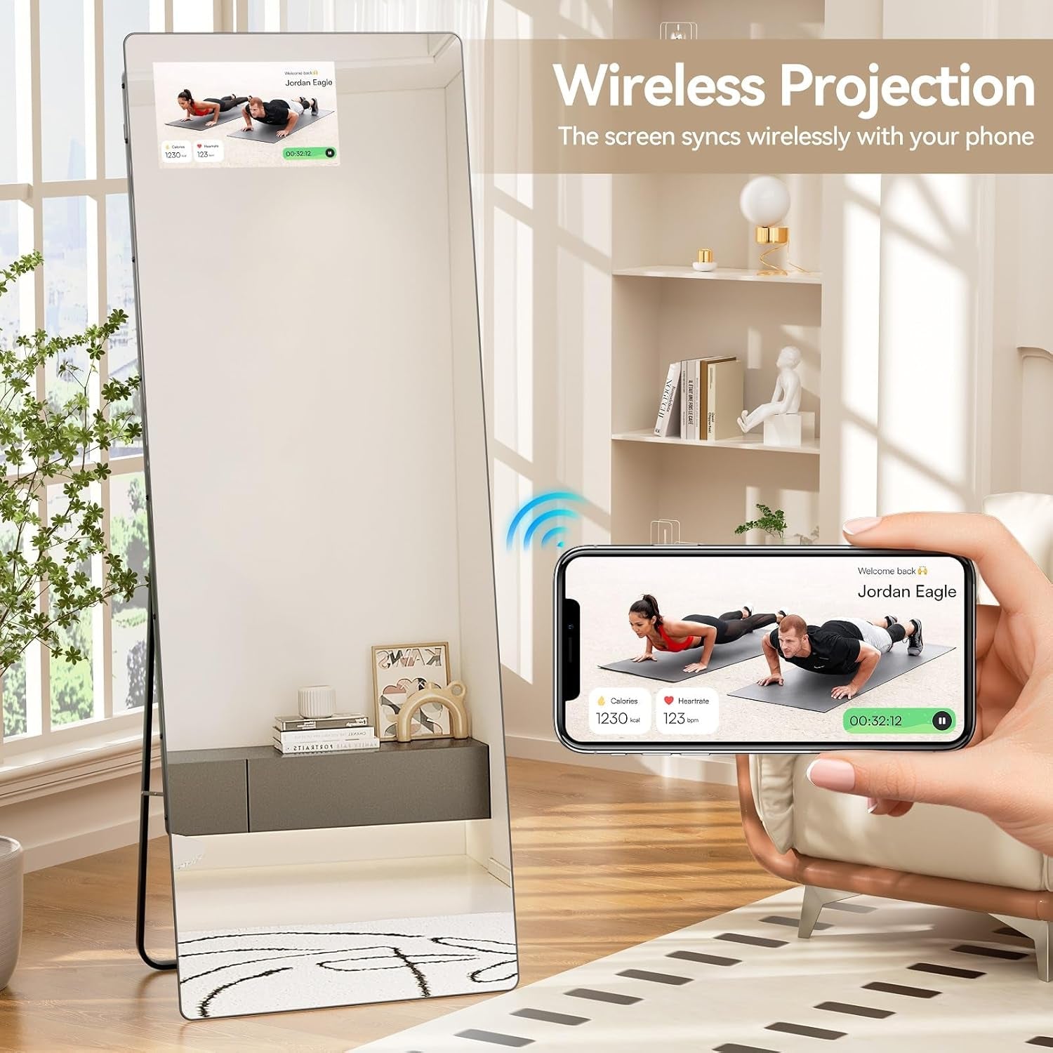 Large Fitness Gym Mirror for Home, 65"X23.6" Smart Workout Mirror for Exercise, Built-In 14" Screen Support Screen Projection, HD Floor Full Length Trainer for Yoga, Dance Studio & Garage