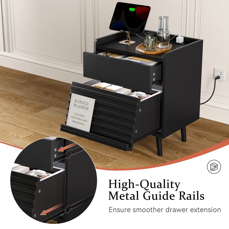 Modern Nightstand with 2 Drawers,Bedside Table with Outlets & LED Lights, File Cabinet with Slanted & Wavy Design