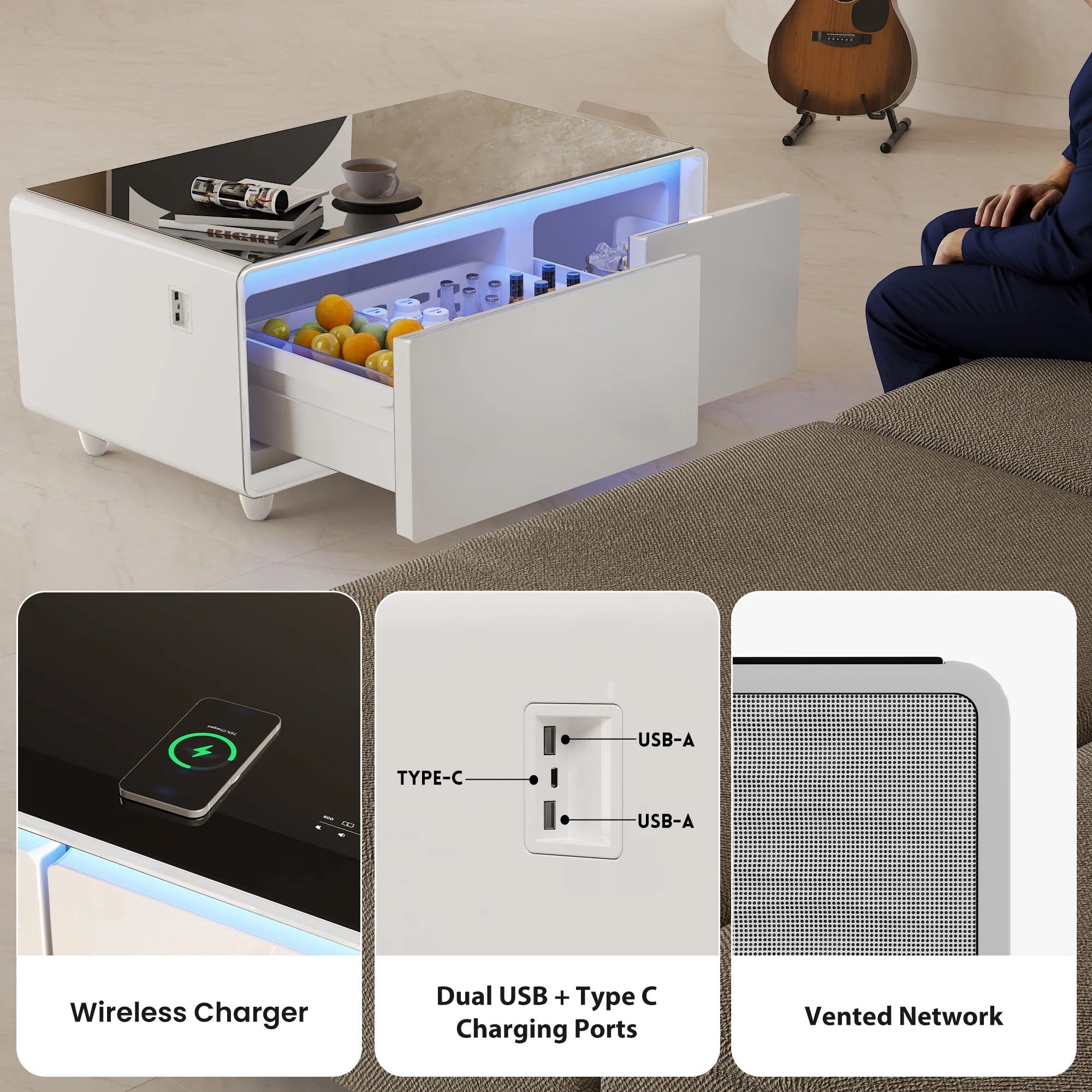 41" Smart Fridge Coffee Table, 93L Refrigerator, Bluetooth, Touch Control Panel, 15W Wireless Charger, USB Ports, Speaker, Atmosphere Light, for Living Rooms, Offices, Conference Rooms– White