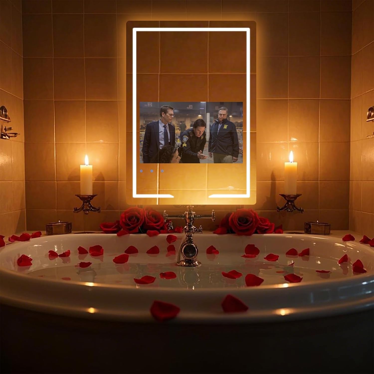 24X32'' Bathroom Vanity Mirror with 21.5'' Touch-Screen Smart TV, Streaming APP, Waterproof Defogging TV Mirror with 3 Color LED Light Wifi Bluetooth HDMI for Bathroom Hotel Hair Salon (2025)