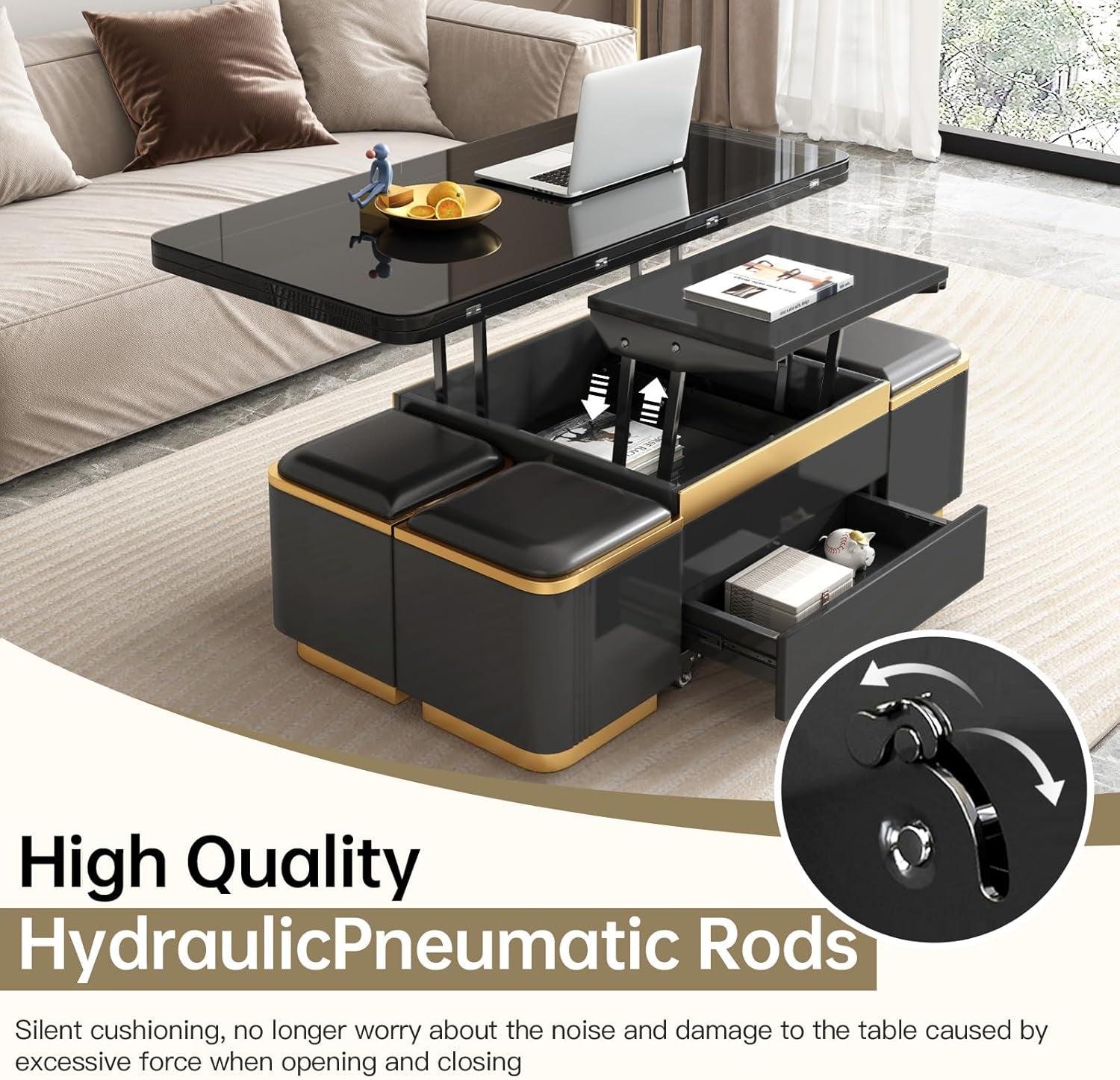 Lift Top Coffee Table with 4 Stools Hidden Storage, Rising Tabletop Table for Small Space,Center-Tables,Low Desk Sofa-Table,Black, 47.24In L