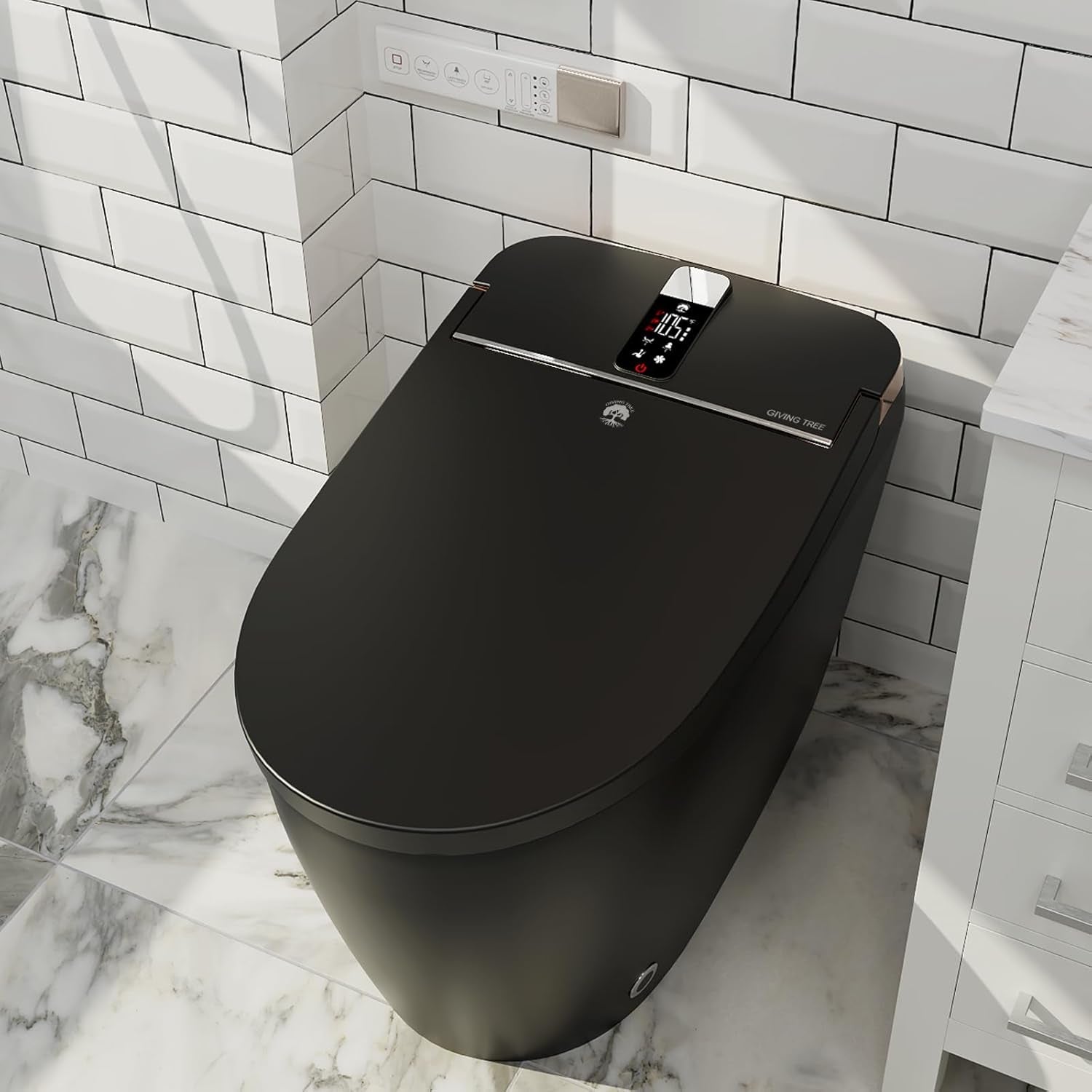 Black Smart Toilet with Auto Open Lid and Auto Flush, Modern Smart Tankless Instant Heating Toilet with Bidet Built In, Wireless Remotecontrol and Smart Knob.