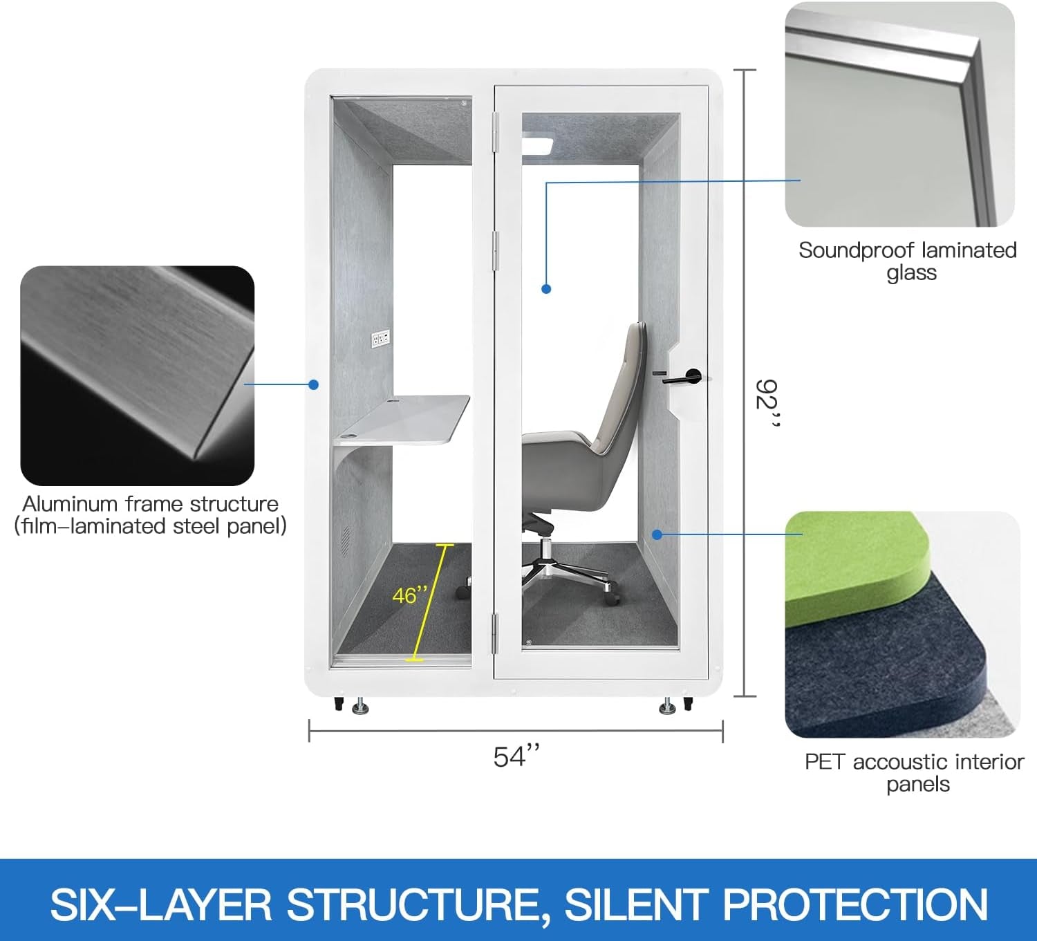 Soundproof Office Pod Booth, Quiet Meeting Pod with Acoustic Panels, Portable Modular Pod, Privacy Booth for Private Phone Calling, One to Two Person Workspace with Sound Isolation W55In D48In H92In