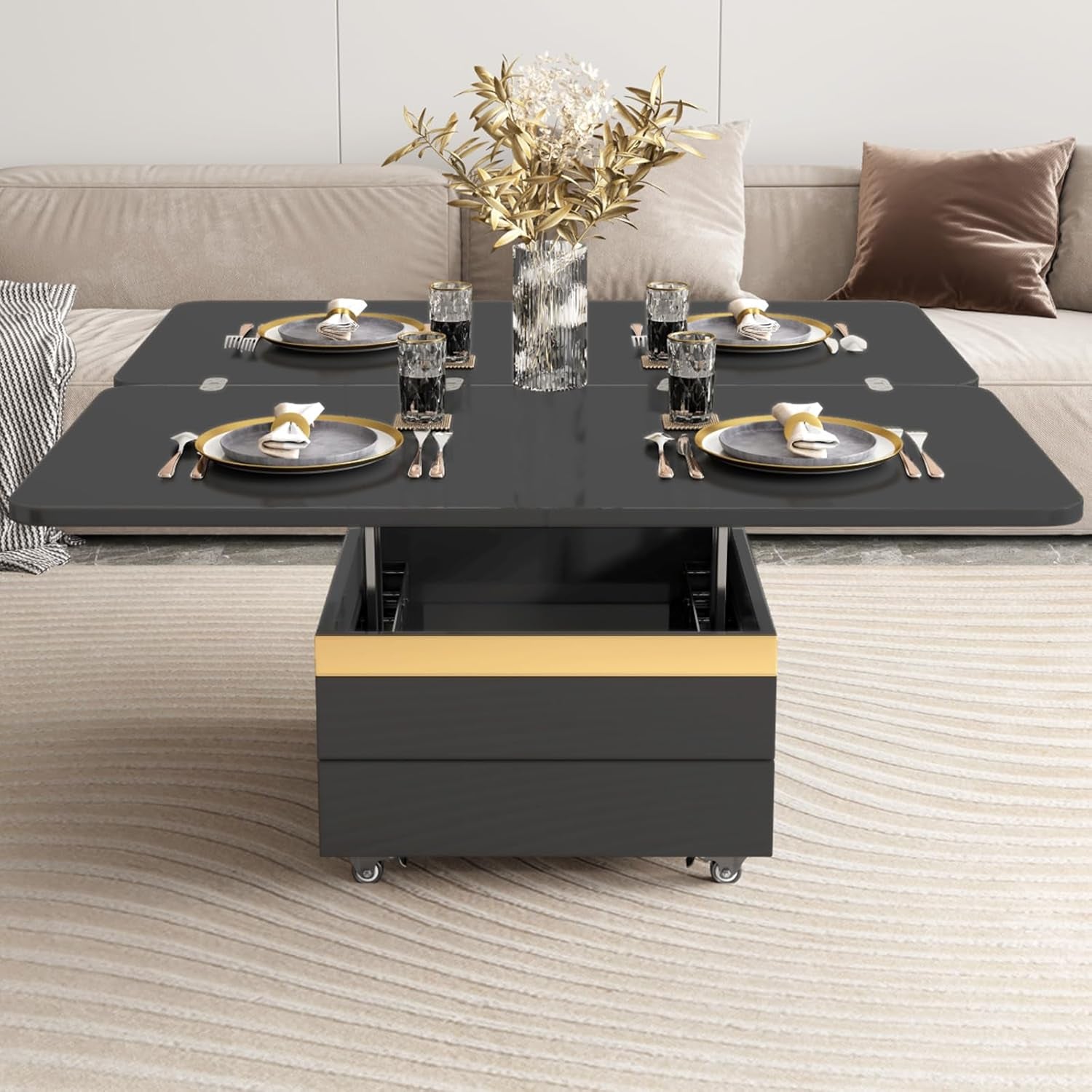 Lift Top Coffee Table with 4 Stools Hidden Storage, Rising Tabletop Table for Small Space,Center-Tables,Low Desk Sofa-Table,Black, 47.24In L