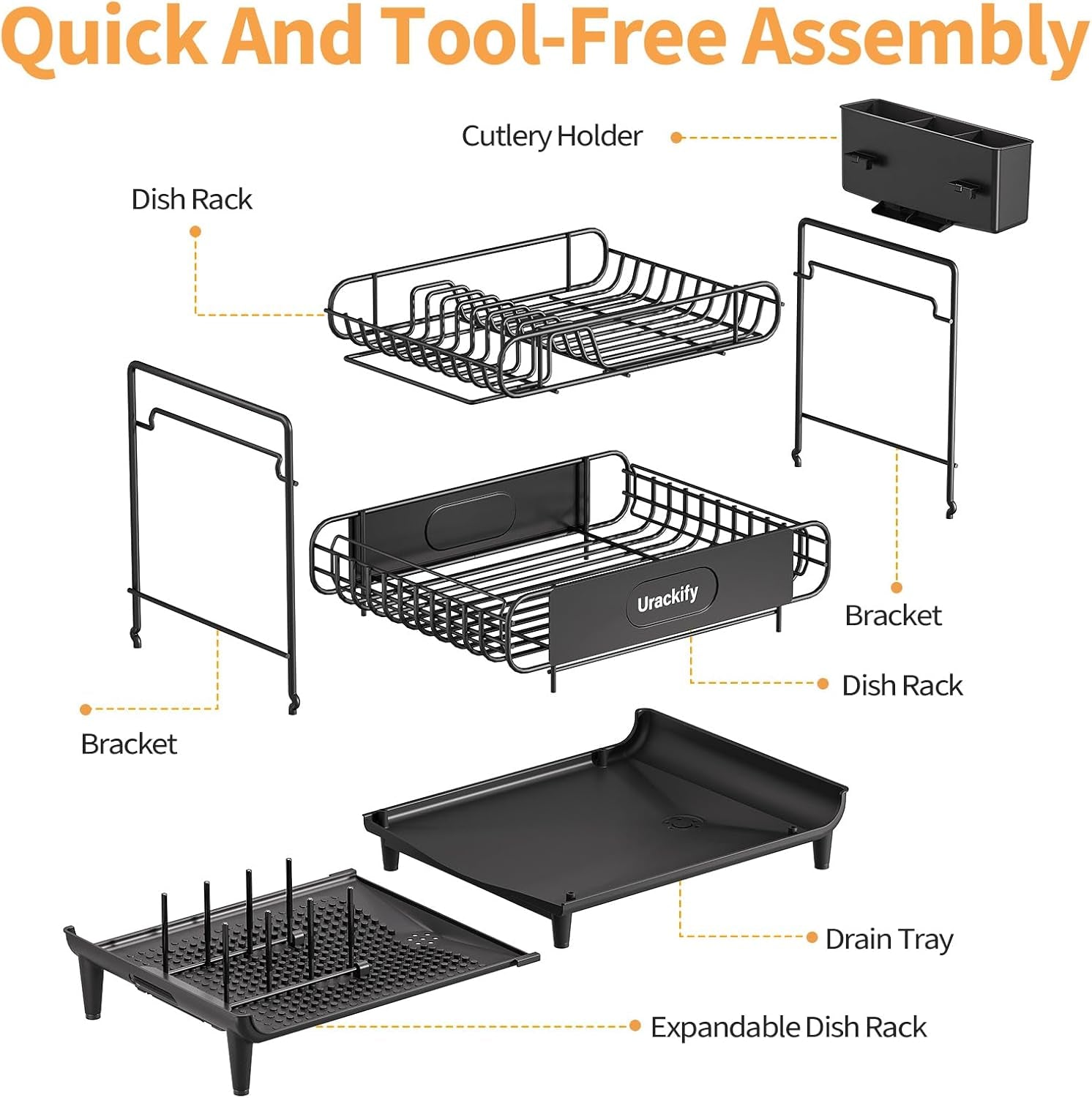 Dish Drying Rack for Kitchen Counter, Expandable 2 Tier Dish Rack, Large Capacity Dish Drainer with Drainboard Multifunctional Dish Strainer with Removable Cutlery Holder Black