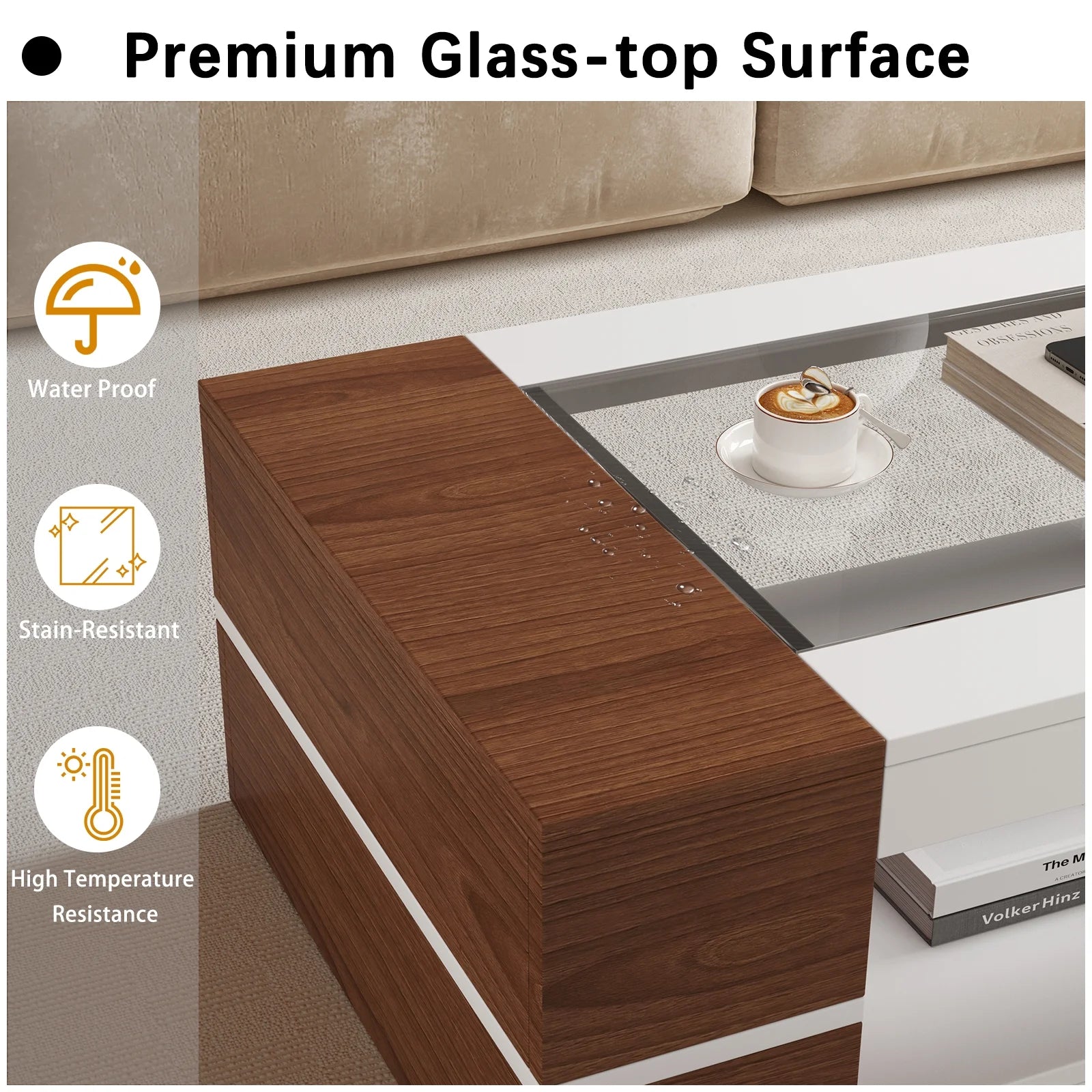 47.2" Modern White Walnut Coffee Table with Glass Top - 2-Tier Storage Design for Living Room, Reception & Dining | Sleek Rectangular Center Table