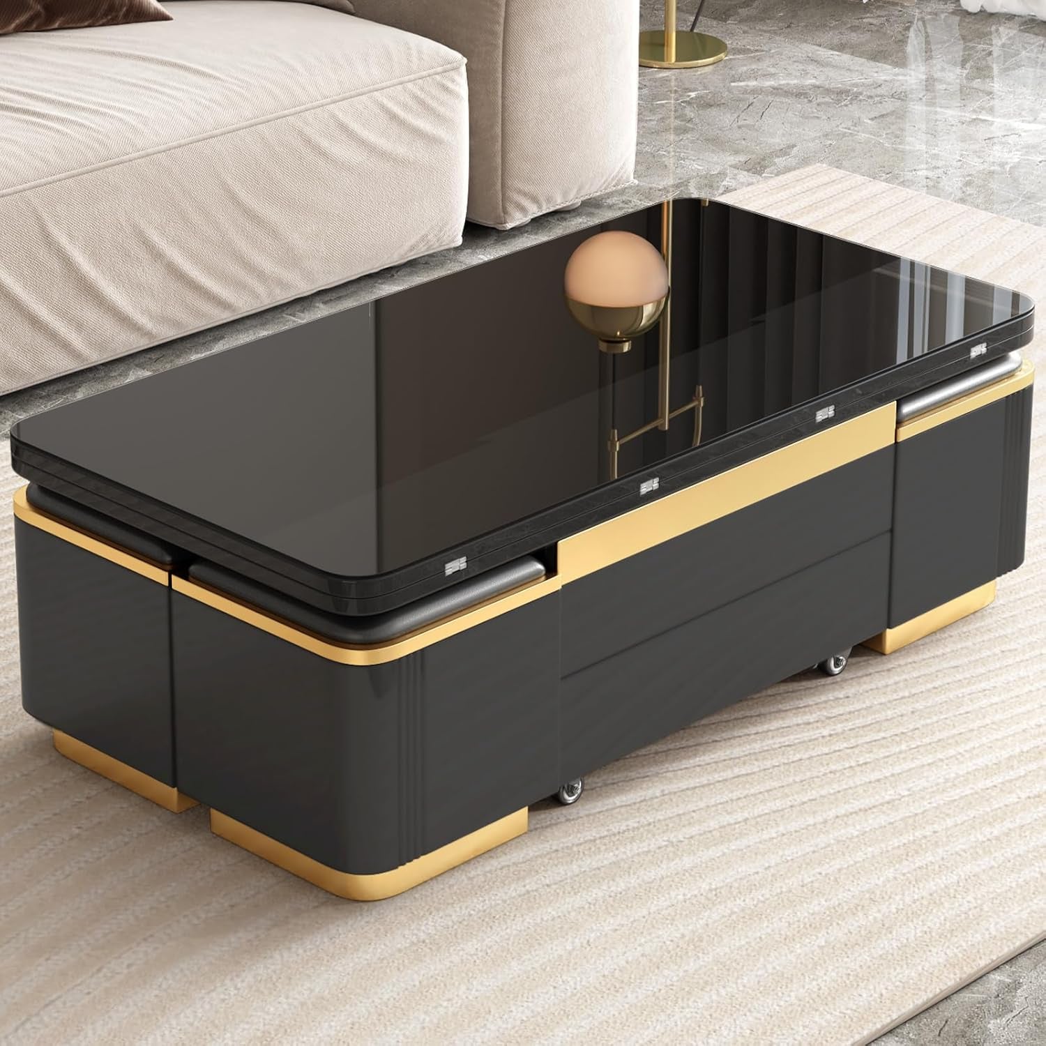 Lift Top Coffee Table with 4 Stools Hidden Storage, Rising Tabletop Table for Small Space,Center-Tables,Low Desk Sofa-Table,Black, 47.24In L