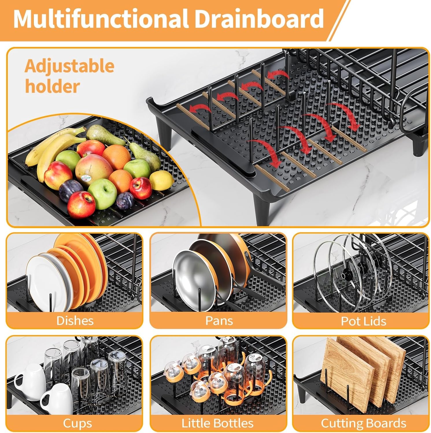 Dish Drying Rack for Kitchen Counter, Expandable 2 Tier Dish Rack, Large Capacity Dish Drainer with Drainboard Multifunctional Dish Strainer with Removable Cutlery Holder Black