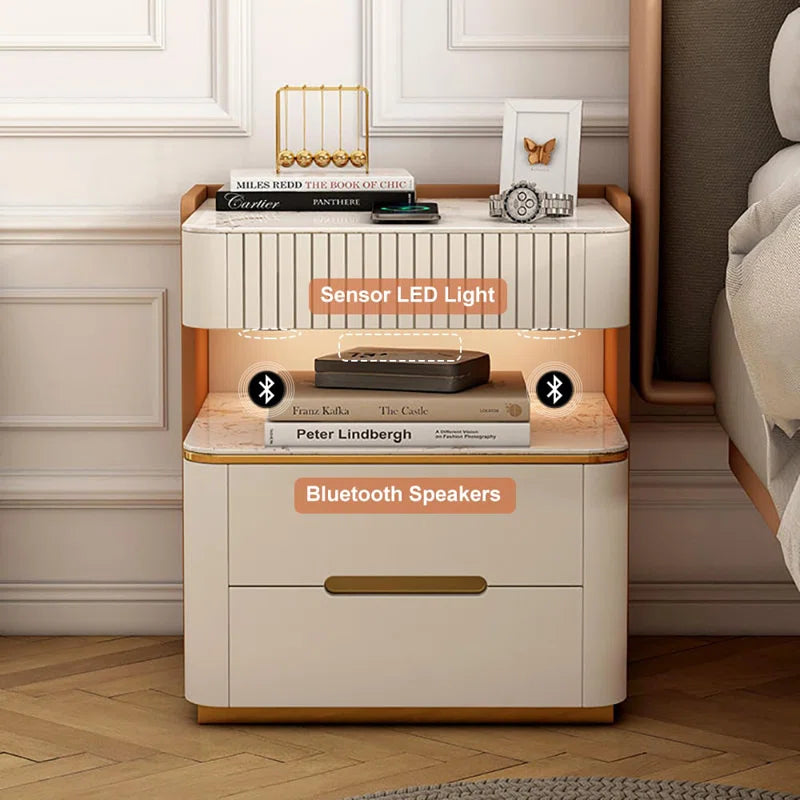 Modern Smart Nightstand with Wireless Charger, Sensor Light & Bluetooth Speakers - Sleek Elegance Meets Ultimate Functionality