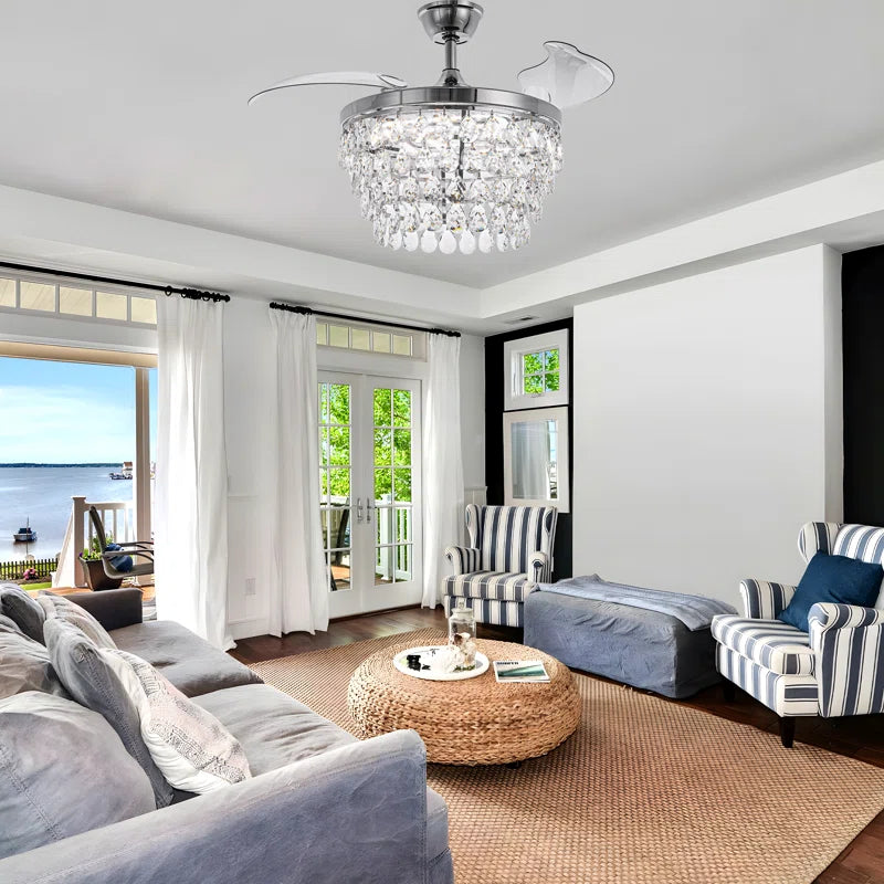 42" Luxury Retractable Ceiling Fan with Remote and Lights, Crystal Chandelier Ceiling Fan