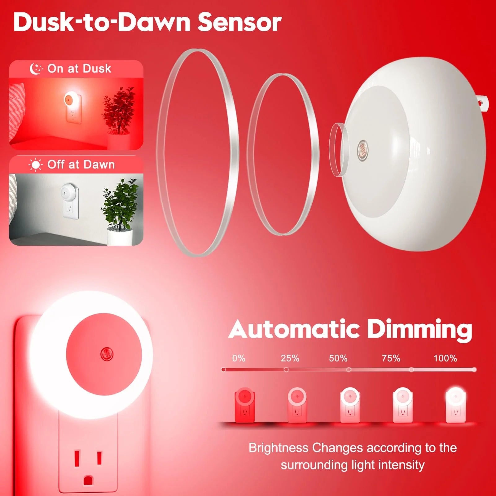 6 Pack Smart Sensor LED Night Light Plug In, Auto Dimming Wall Light for Adults & Kids, 0.5W Energy-Efficient Nightlight for Bedroom Bathroom Stairs - Fireproof ABS Material