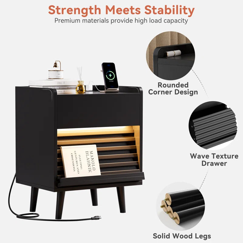 Modern Nightstand with 2 Drawers,Bedside Table with Outlets & LED Lights, File Cabinet with Slanted & Wavy Design