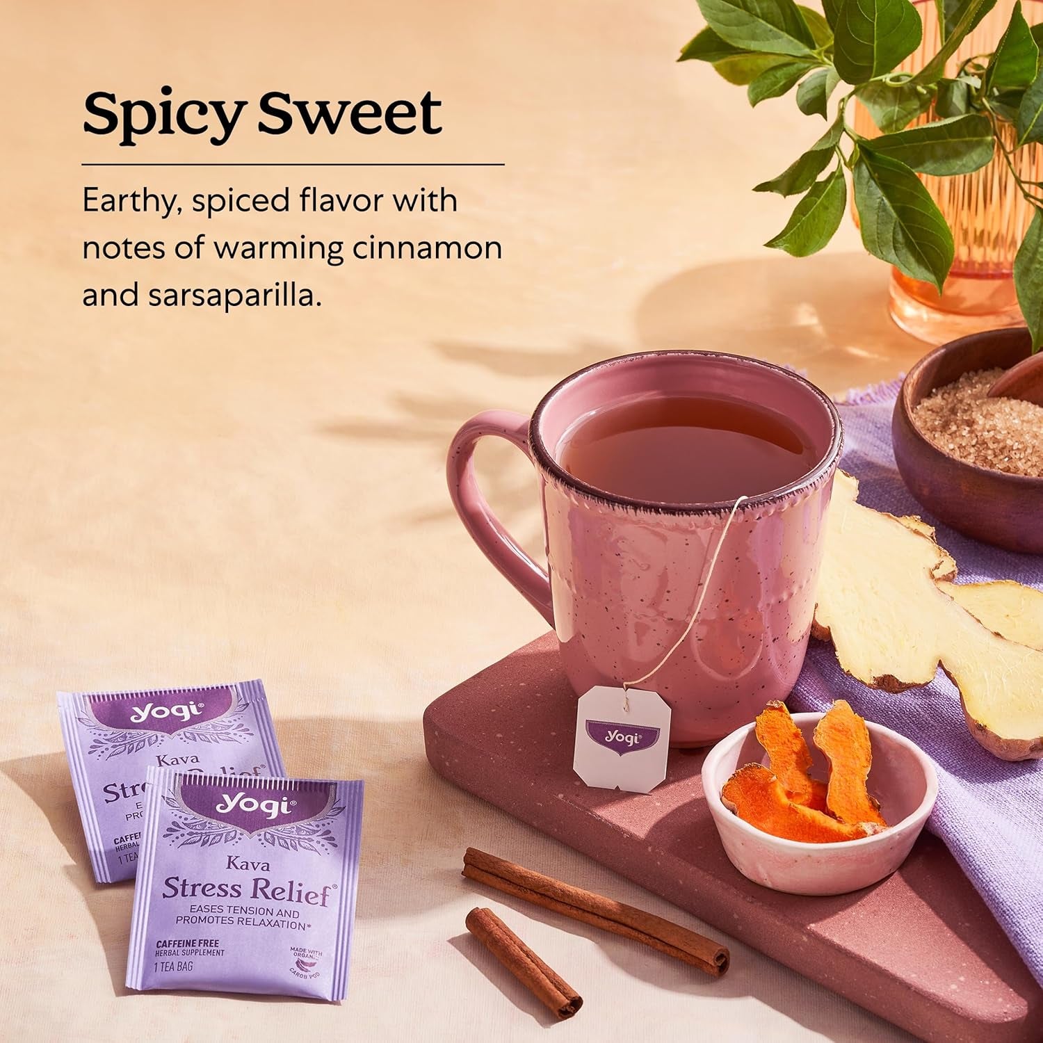 Tea Kava Stress Relief Tea - 16 Tea Bags per Pack (4 Packs) - Made with Organic, Caffeine-Free Relaxing Tea - Includes Carob Pod, Indian Sarsaparilla Root, Cinnamon Bark, Ginger Root & More
