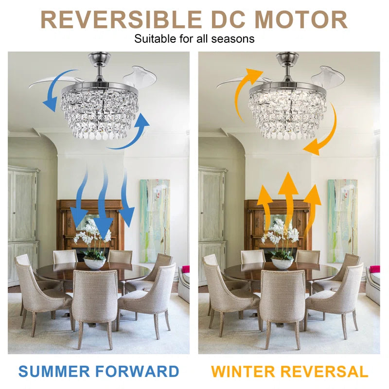 42" Luxury Retractable Ceiling Fan with Remote and Lights, Crystal Chandelier Ceiling Fan