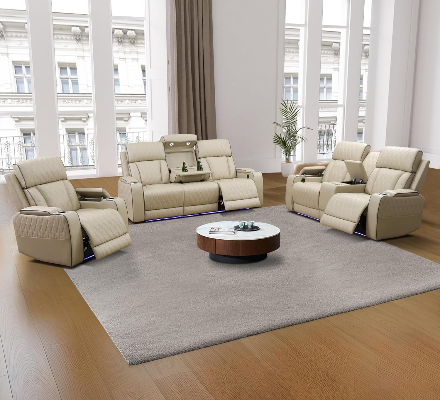 Power Recliner Sofa Set with LED, Breathing Leather Living Room Sofa Set, Power Reclining Sofa Recliner Couch with Cup Holder/Usb Ports (Sofa+Loveseat+Chair, Khaki)