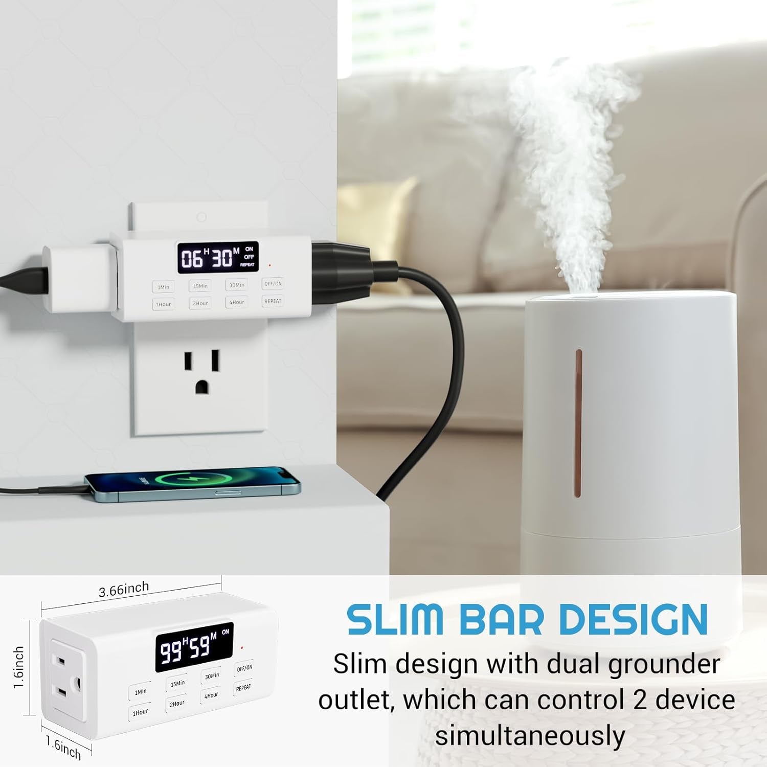 Countdown Timer Outlet, up to 99 Hours, Large Screen and Repeat Function, Inodoor Auto Shut off Timers for Charger Light Vacation Security,Digital Timers for Electrical Outlets 2 Pack