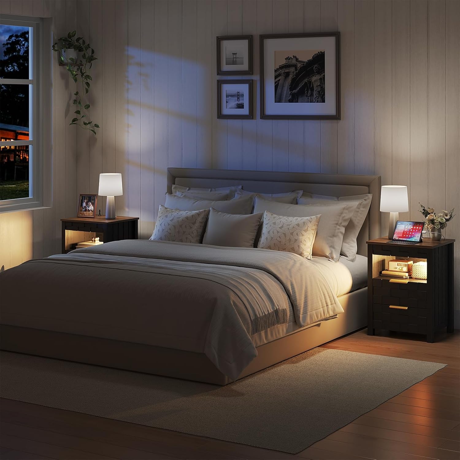 Nightstand with Gun Drawer, Bedside Table with Charging Station and 2 Drawers, Smart Side Table with 3-Color Human Sensor LED Lights for Bedroom, Black