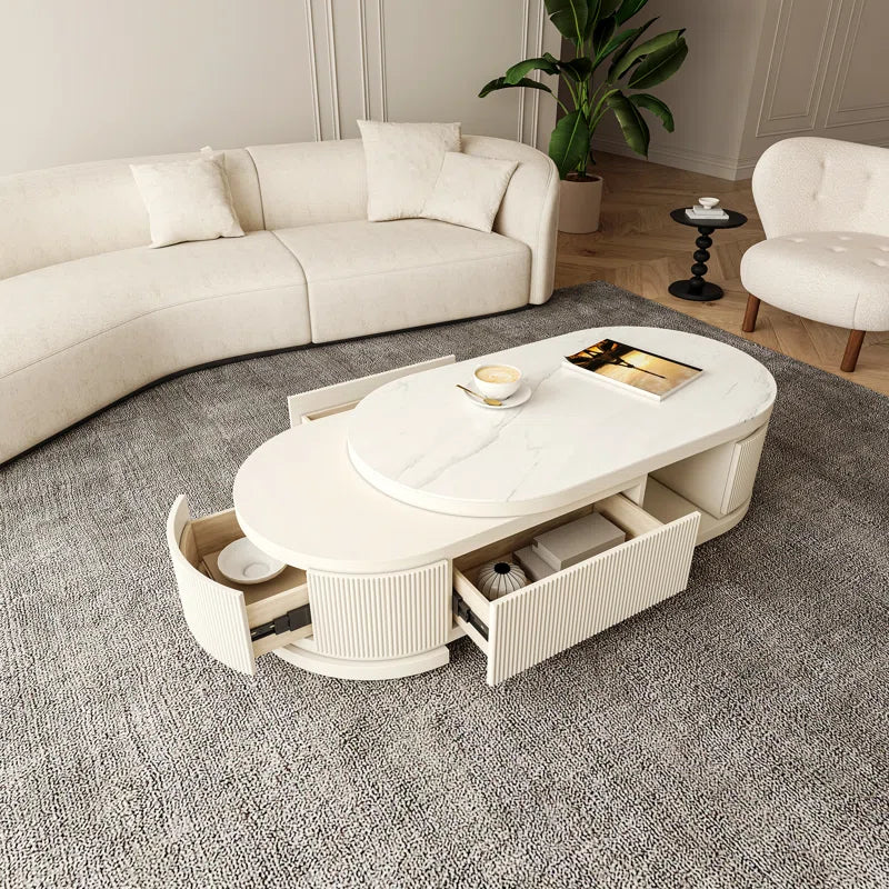 Bilawal Cream Style Oval Extendable Coffee Table Solid Wood with 4 Drawers, No-Assembly Required