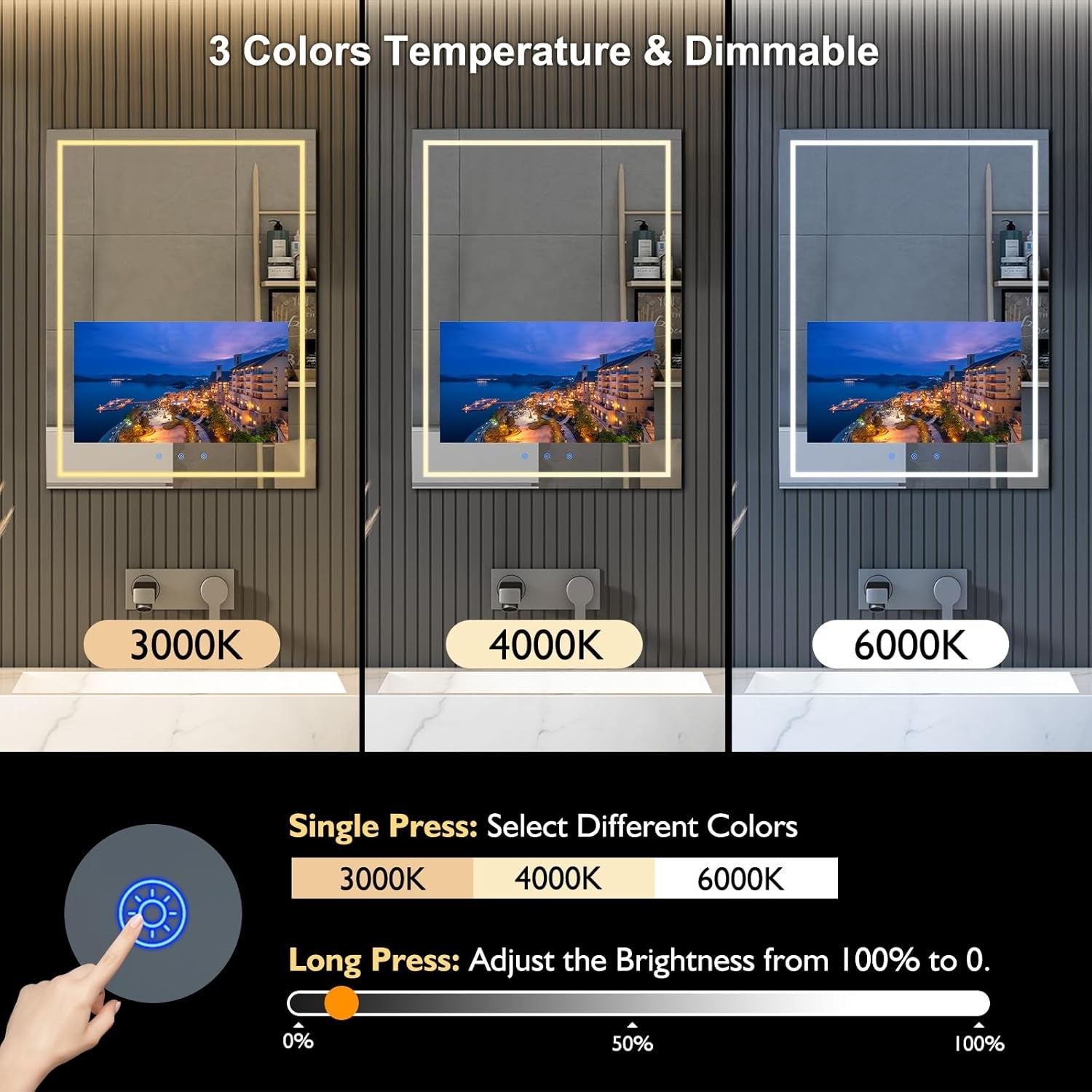 24X32 Inch Bathroom Vanity Mirror with 21.5" Touch Screen Smart System, Streaming Apps, Weather Clock, 3 Color Dimmable LED Light, Anti-Fog Wi-Fi Bluetooth HDMI, Vertical Wall Mounted (2025)