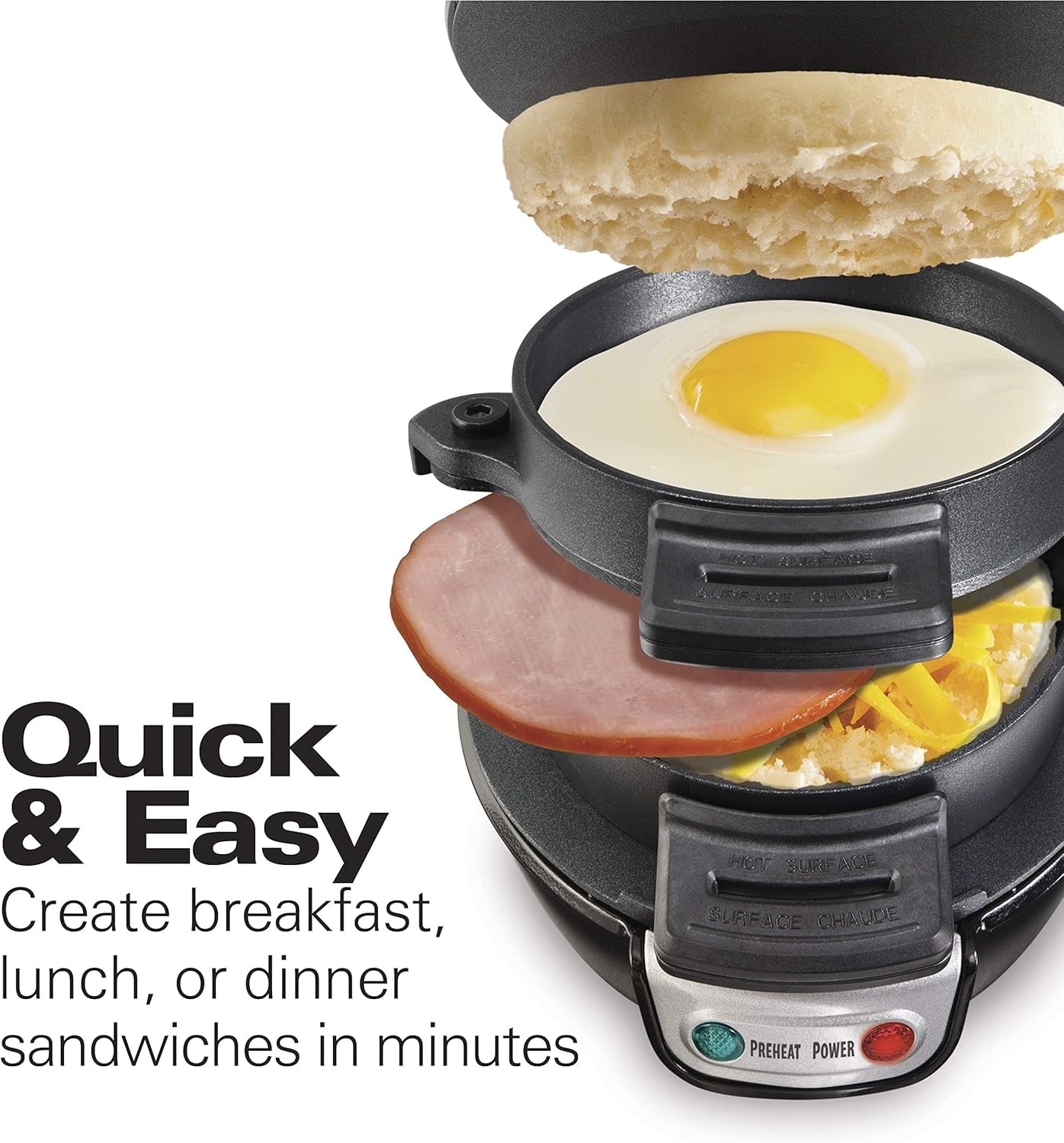 Breakfast Sandwich Maker with Egg Cooker Ring, Customize Ingredients, Perfect for English Muffins, Croissants, Mini Waffles, Perfect White Elephant Gifts, Black (25477)