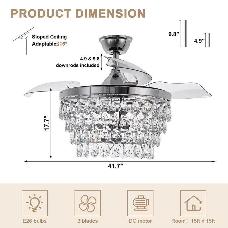 42" Luxury Retractable Ceiling Fan with Remote and Lights, Crystal Chandelier Ceiling Fan