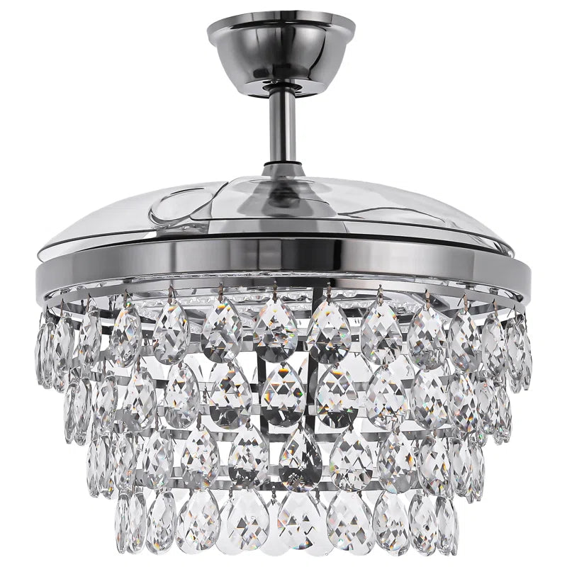 42" Luxury Retractable Ceiling Fan with Remote and Lights, Crystal Chandelier Ceiling Fan
