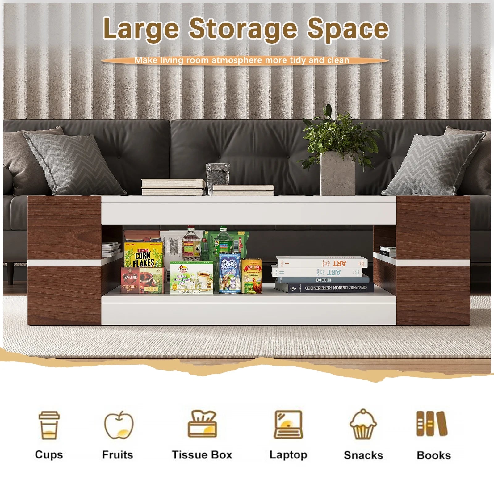 47.2" Modern White Walnut Coffee Table with Glass Top - 2-Tier Storage Design for Living Room, Reception & Dining | Sleek Rectangular Center Table