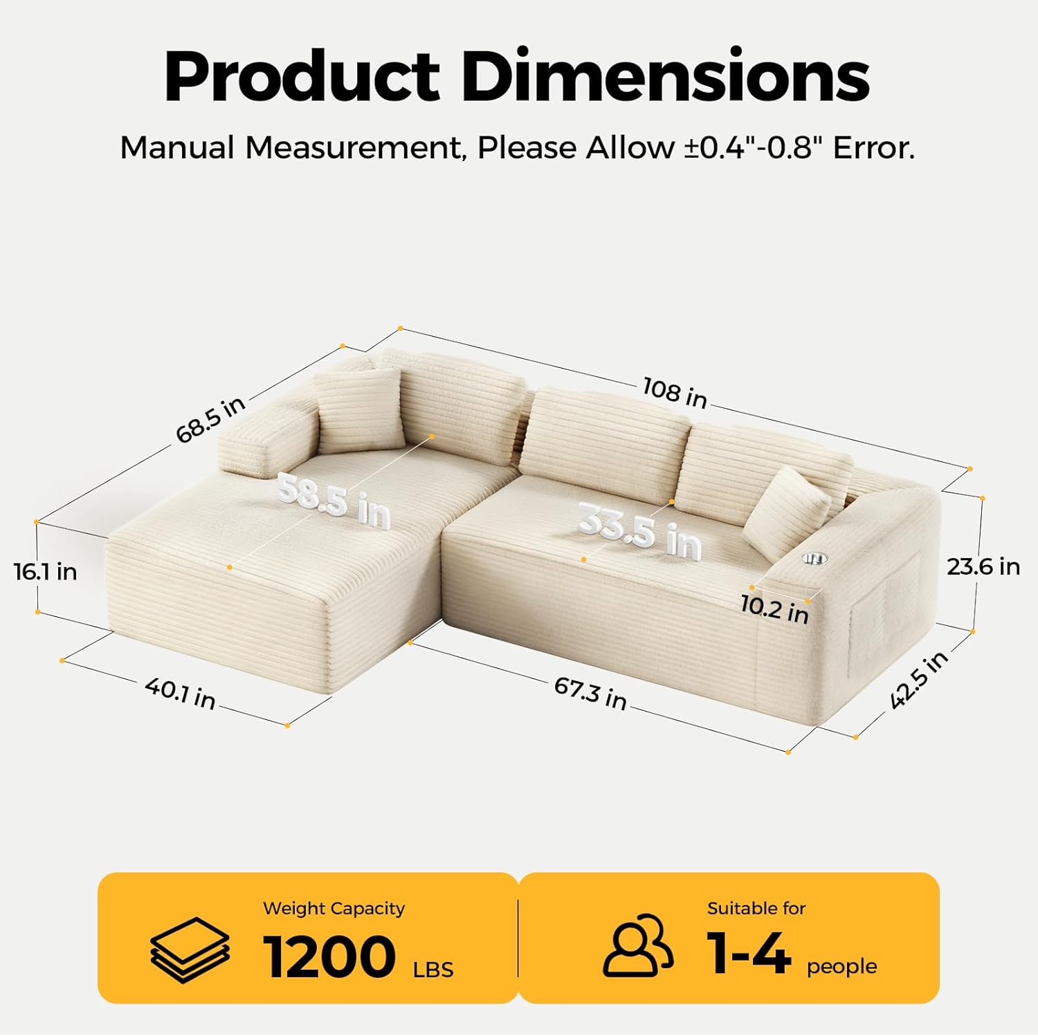 CloudLuxe™ 108" Deep-Seat Modular Sectional w/ Chaise Corduroy “Boneless” All-Foam Comfort, One-Box Delivery, No Assembly